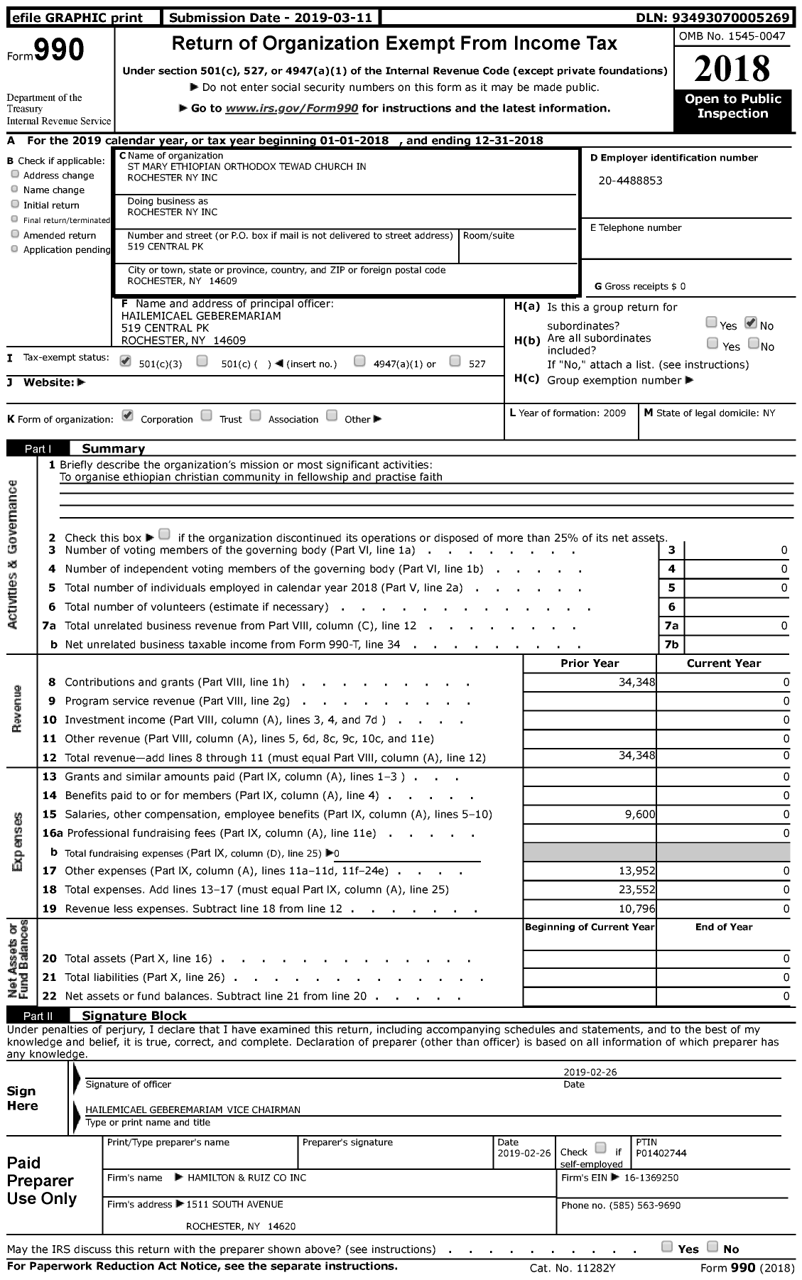 Image of first page of 2018 Form 990 for St Mary Ethiopian Orthodox Tehewado Church in Rochester