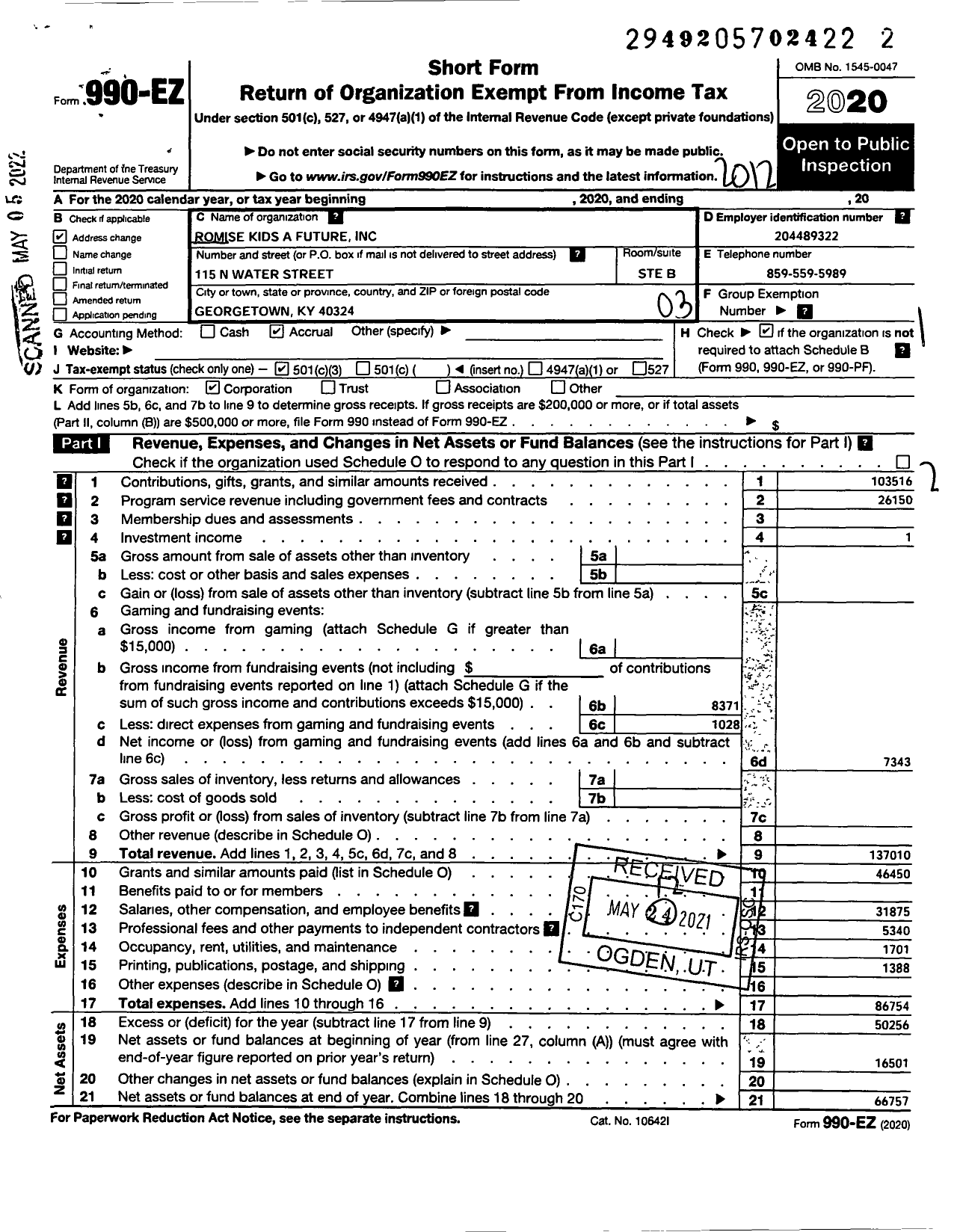 Image of first page of 2020 Form 990EZ for Promise Kids A Future Incorporated