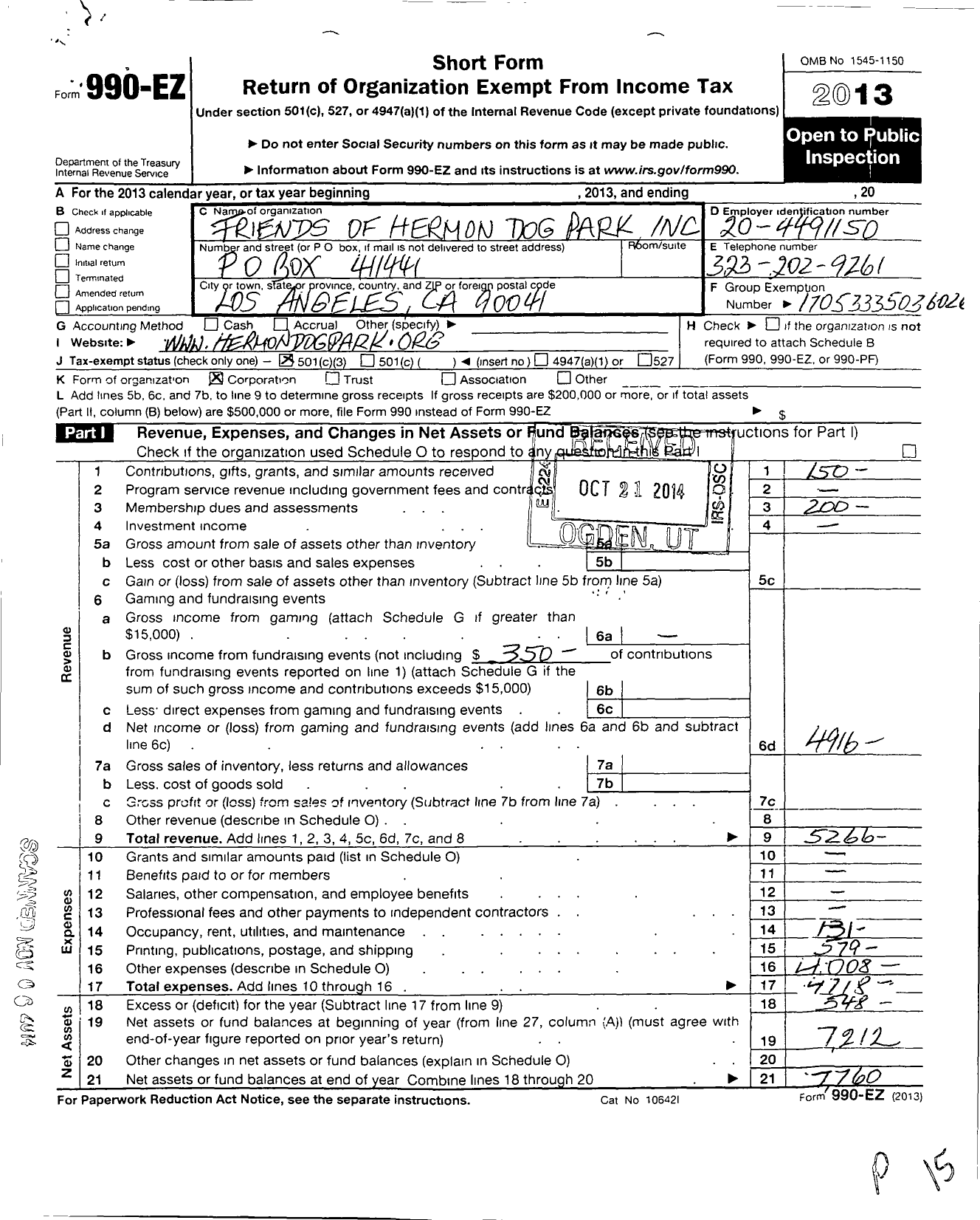 Image of first page of 2013 Form 990EZ for Friends of Hermon Dog Park