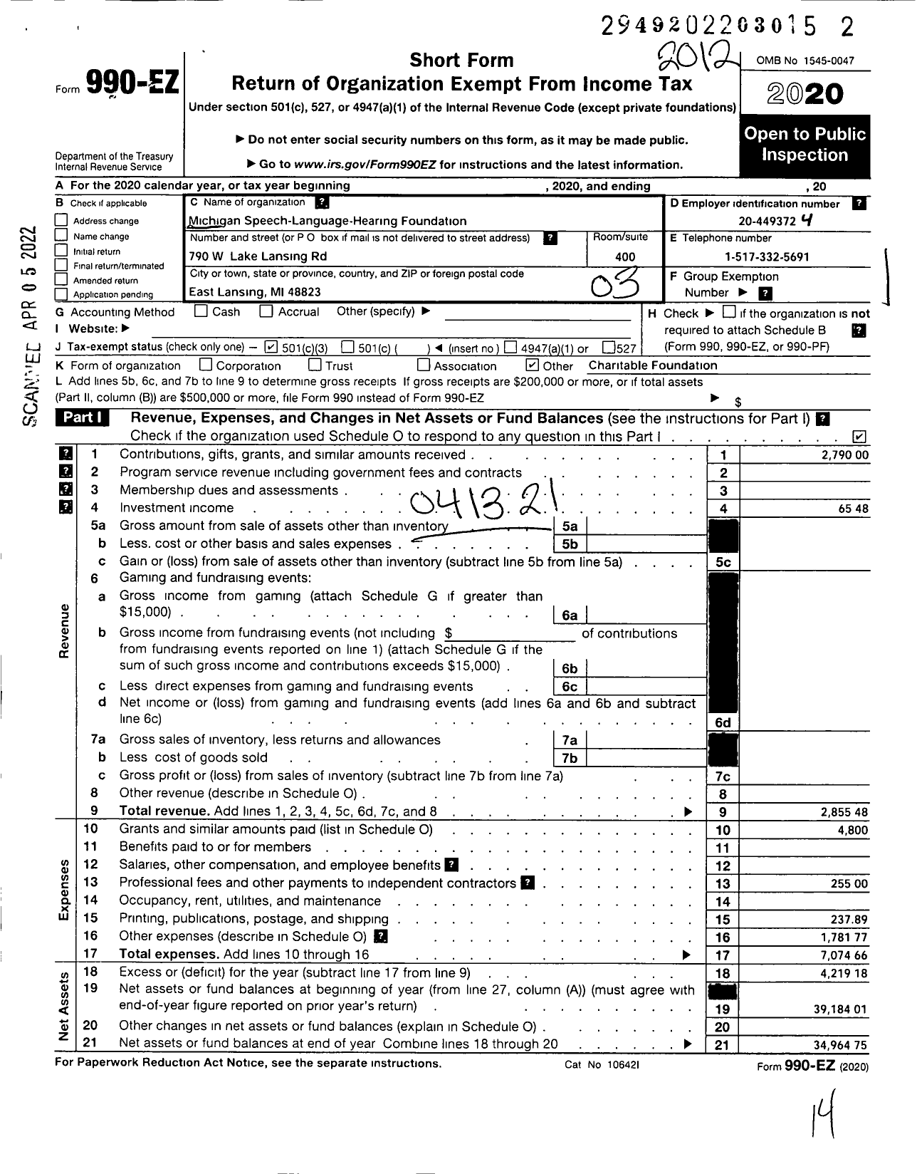 Image of first page of 2020 Form 990EZ for Michigan-Speech-Language-Hearing Foundation