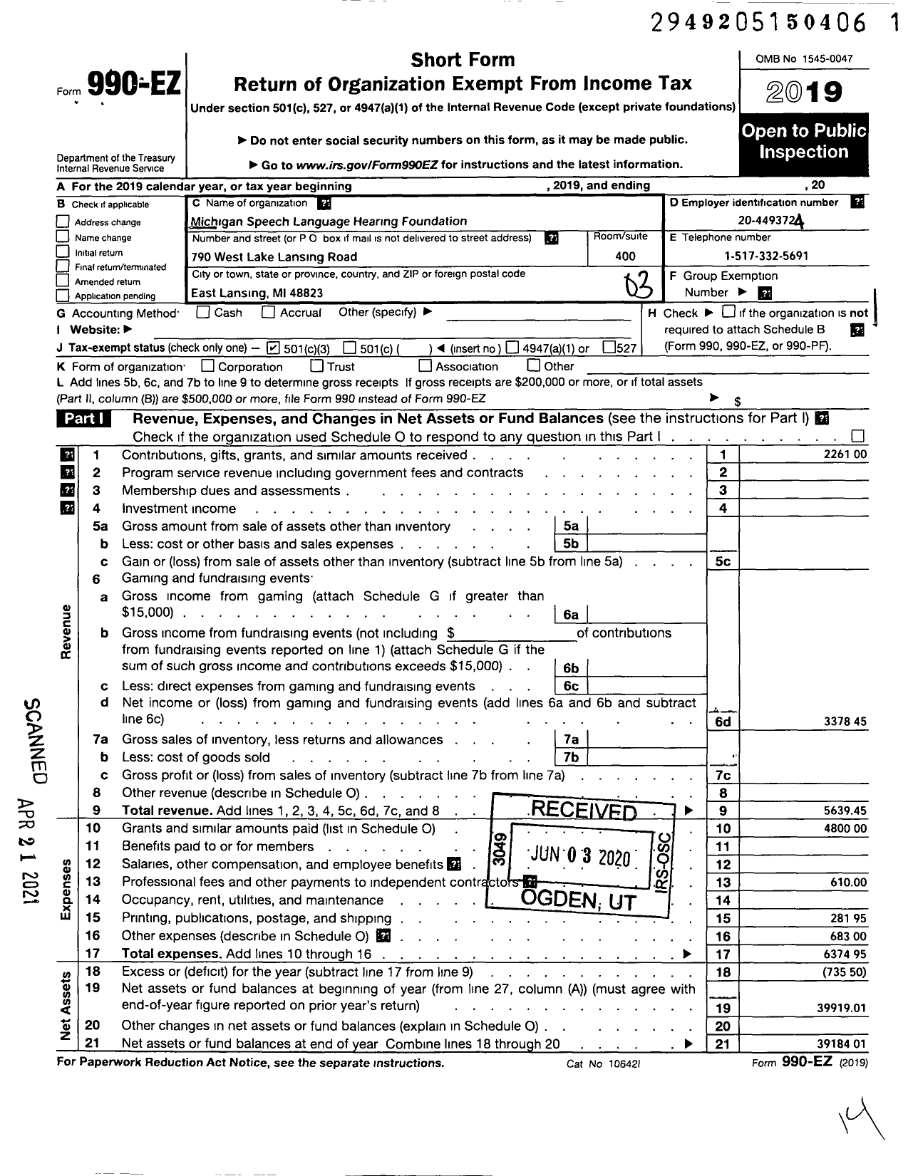 Image of first page of 2019 Form 990EZ for Michigan-Speech-Language-Hearing Foundation