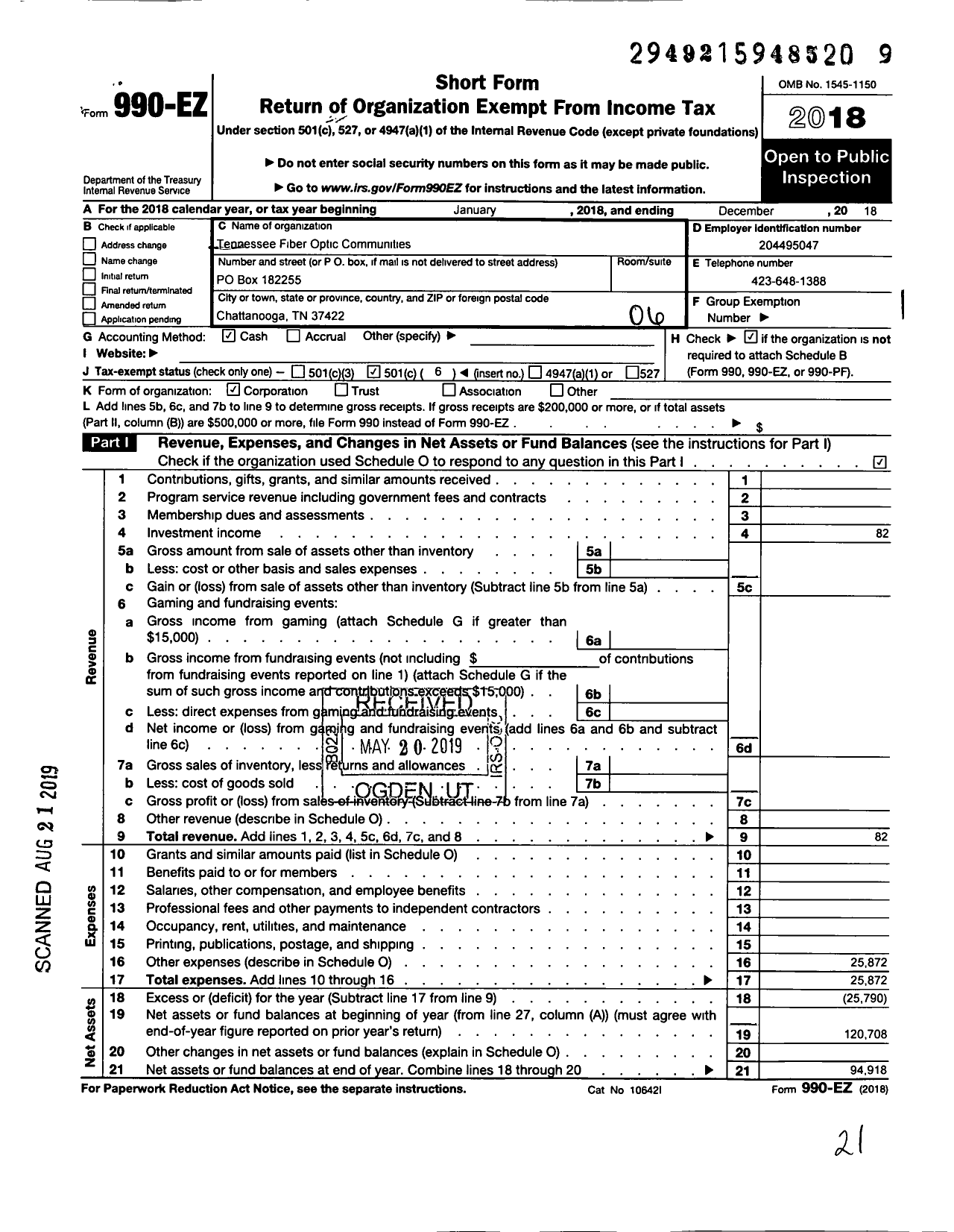 Image of first page of 2018 Form 990EO for Tennessee Fiber Optic Communities