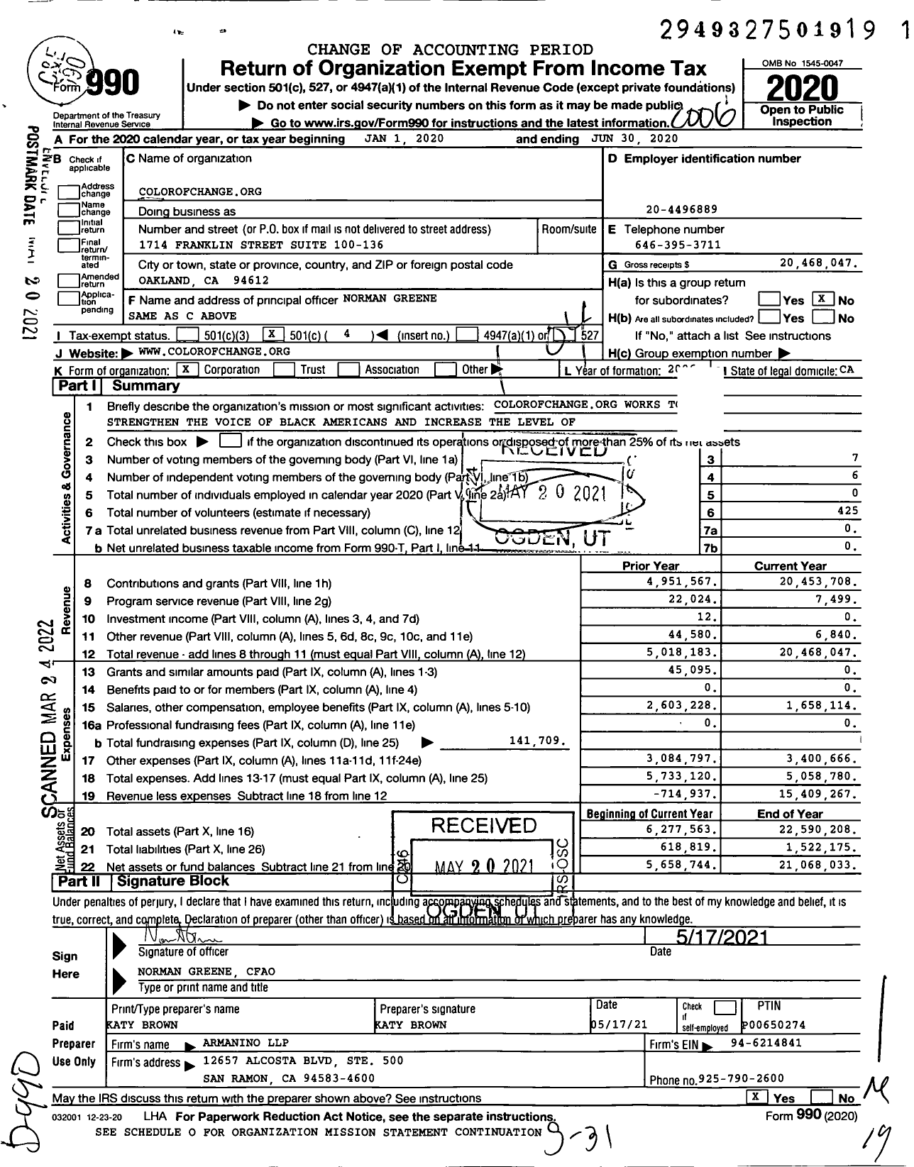 Image of first page of 2019 Form 990O for ColorOfChangeorg