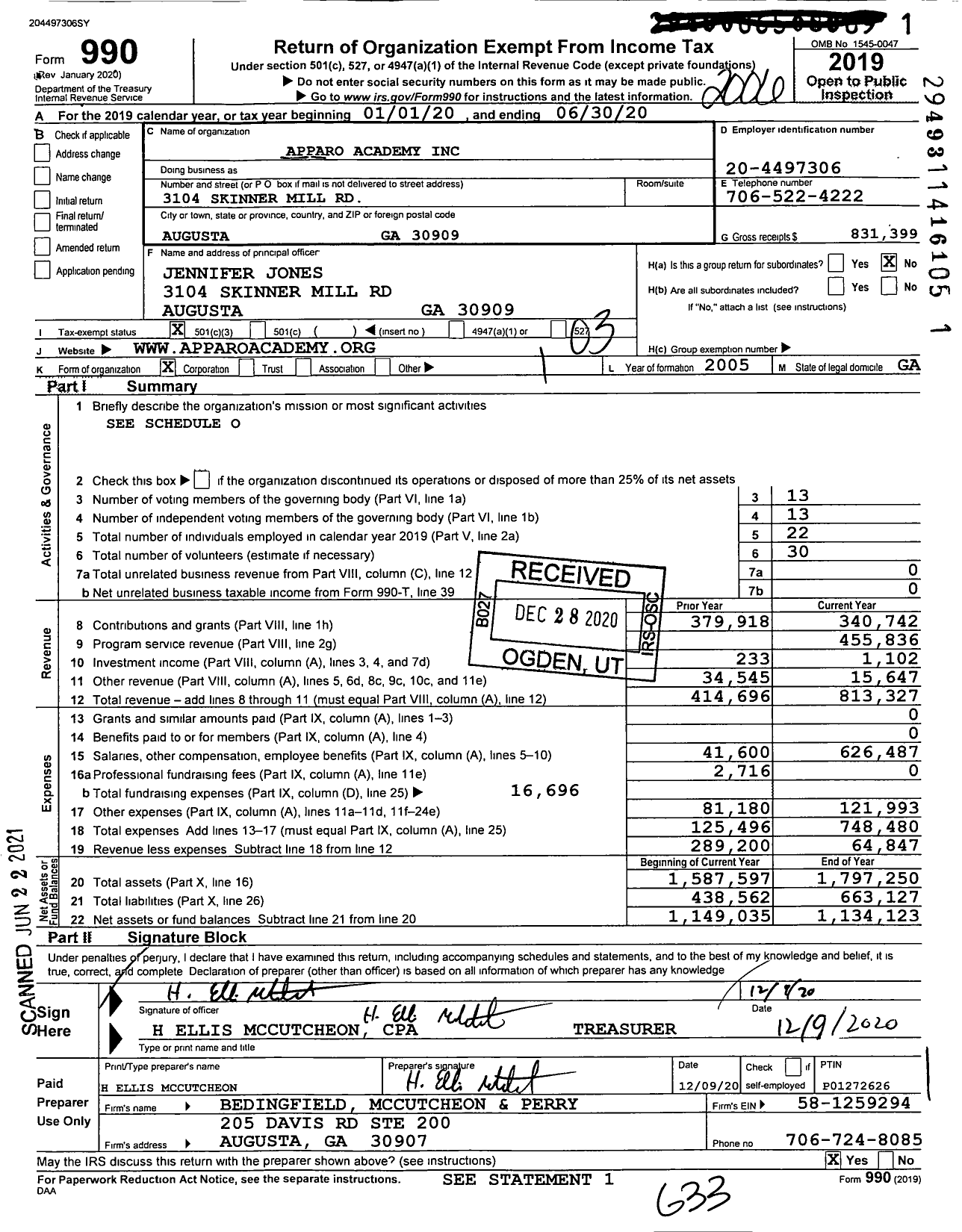 Image of first page of 2019 Form 990 for Apparo Academy