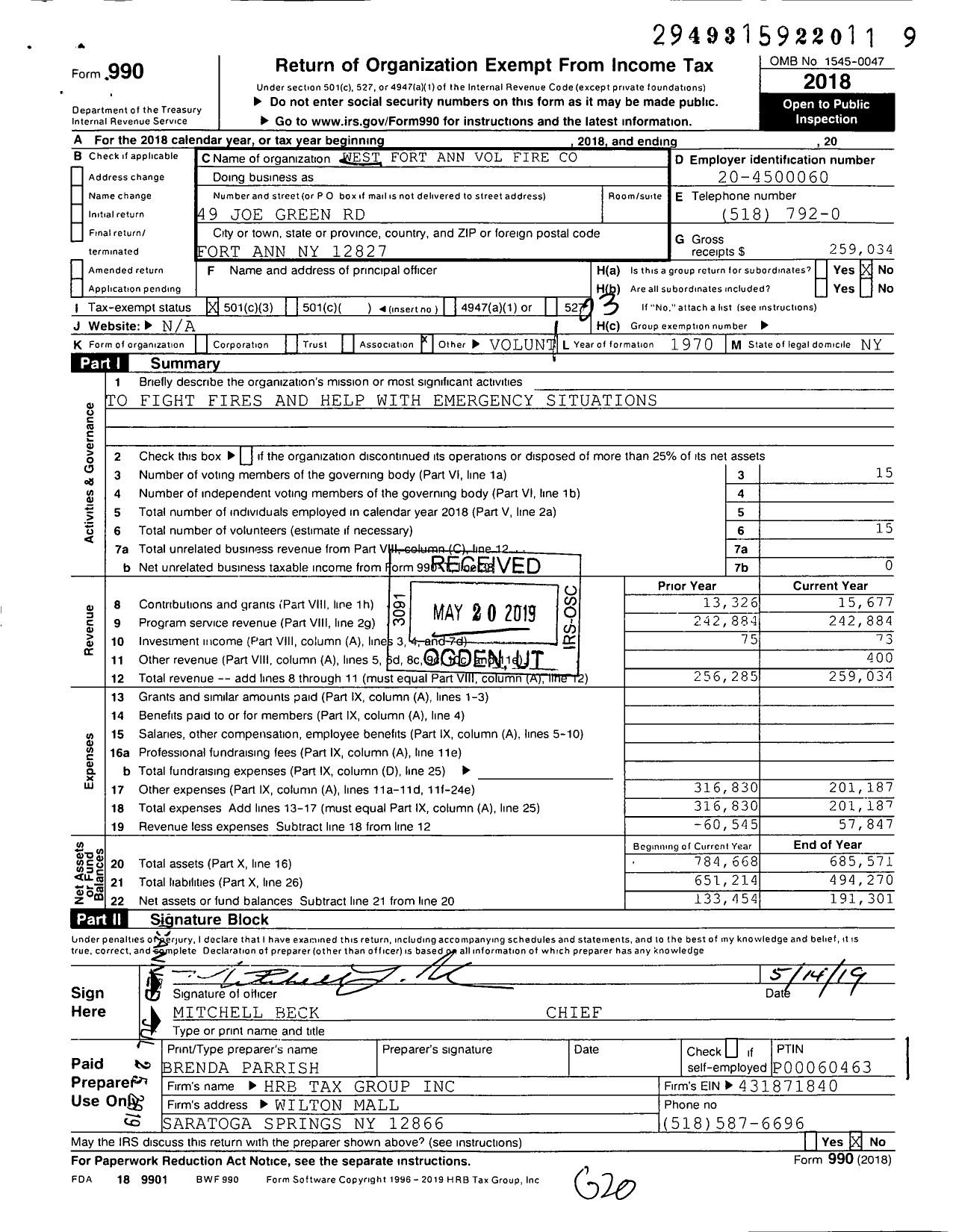 Image of first page of 2018 Form 990 for West Fort Ann Volunteerfire Company