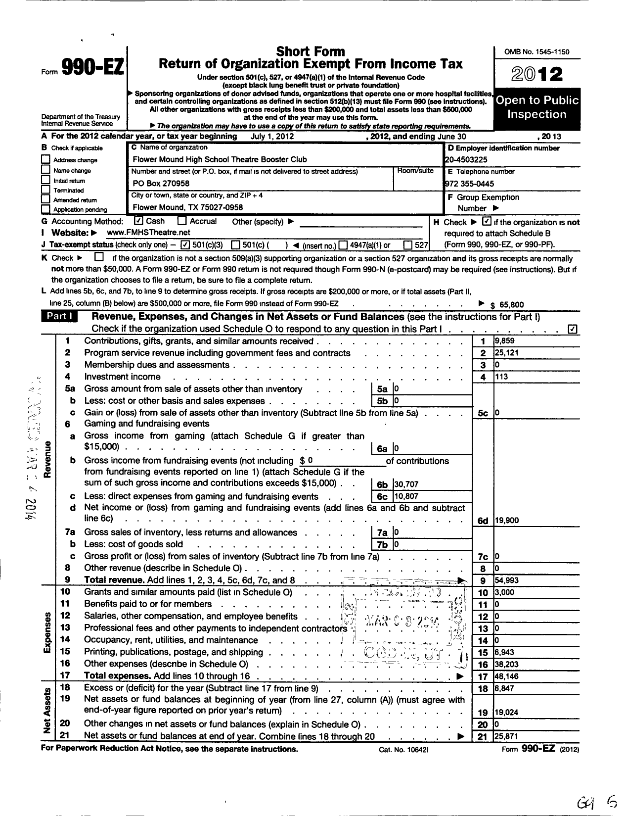 Image of first page of 2012 Form 990EZ for Flower Mound High School Theatre Booster Club