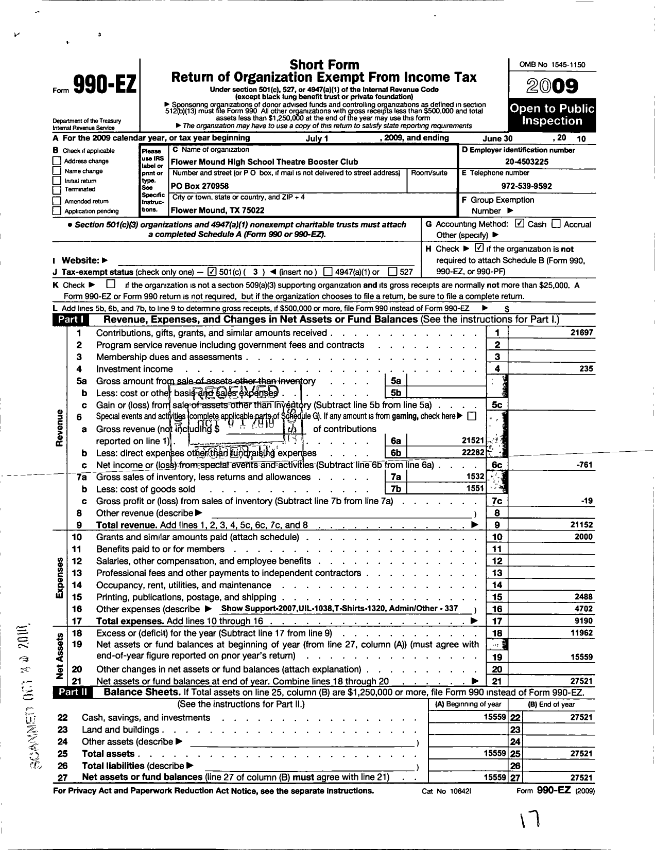 Image of first page of 2009 Form 990EZ for Flower Mound High School Theatre Booster Club