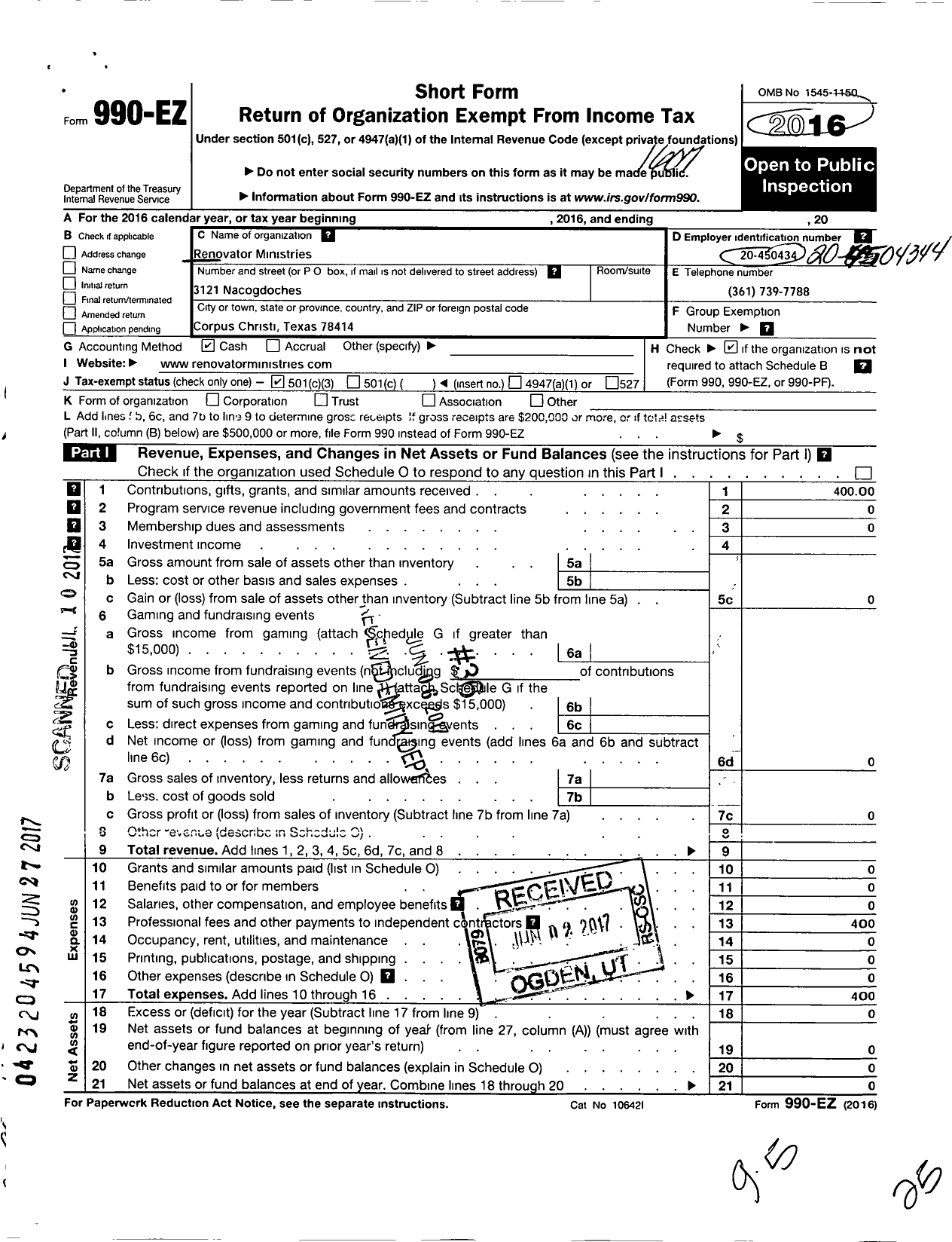 Image of first page of 2015 Form 990EZ for Renovator Ministries NFP