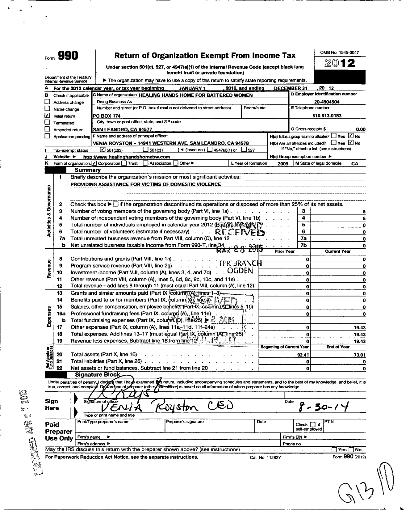 Image of first page of 2012 Form 990 for Bryter Daze