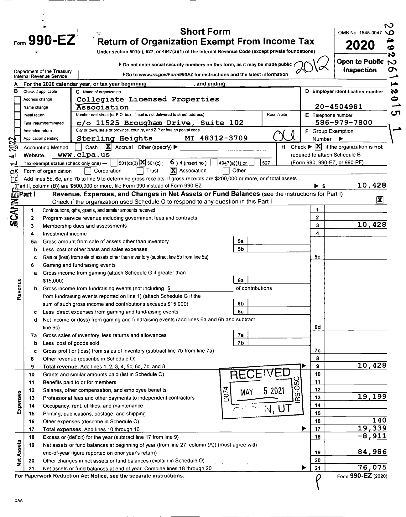 Image of first page of 2020 Form 990EO for Collegiate Licensed Properties Association