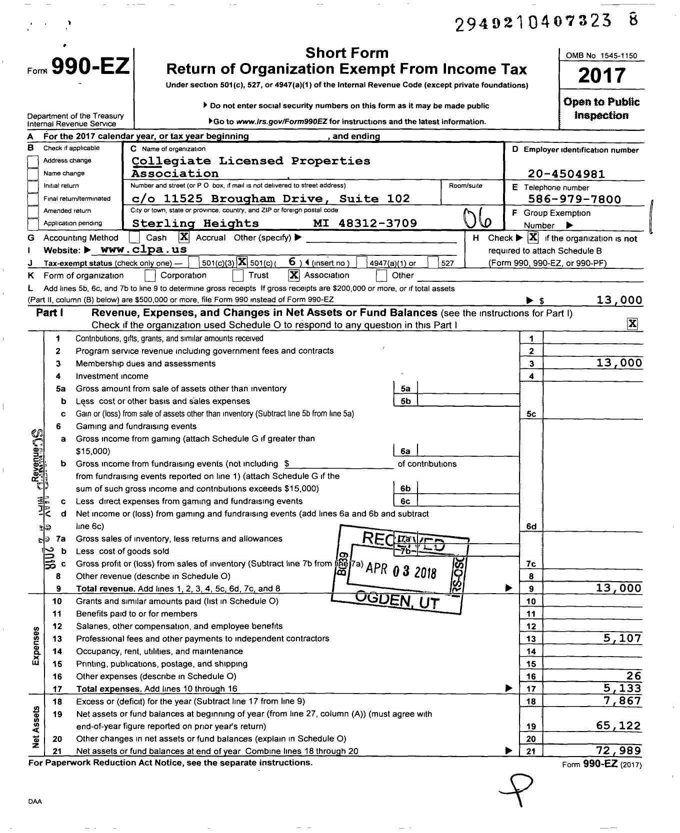 Image of first page of 2017 Form 990EO for Collegiate Licensed Properties Association