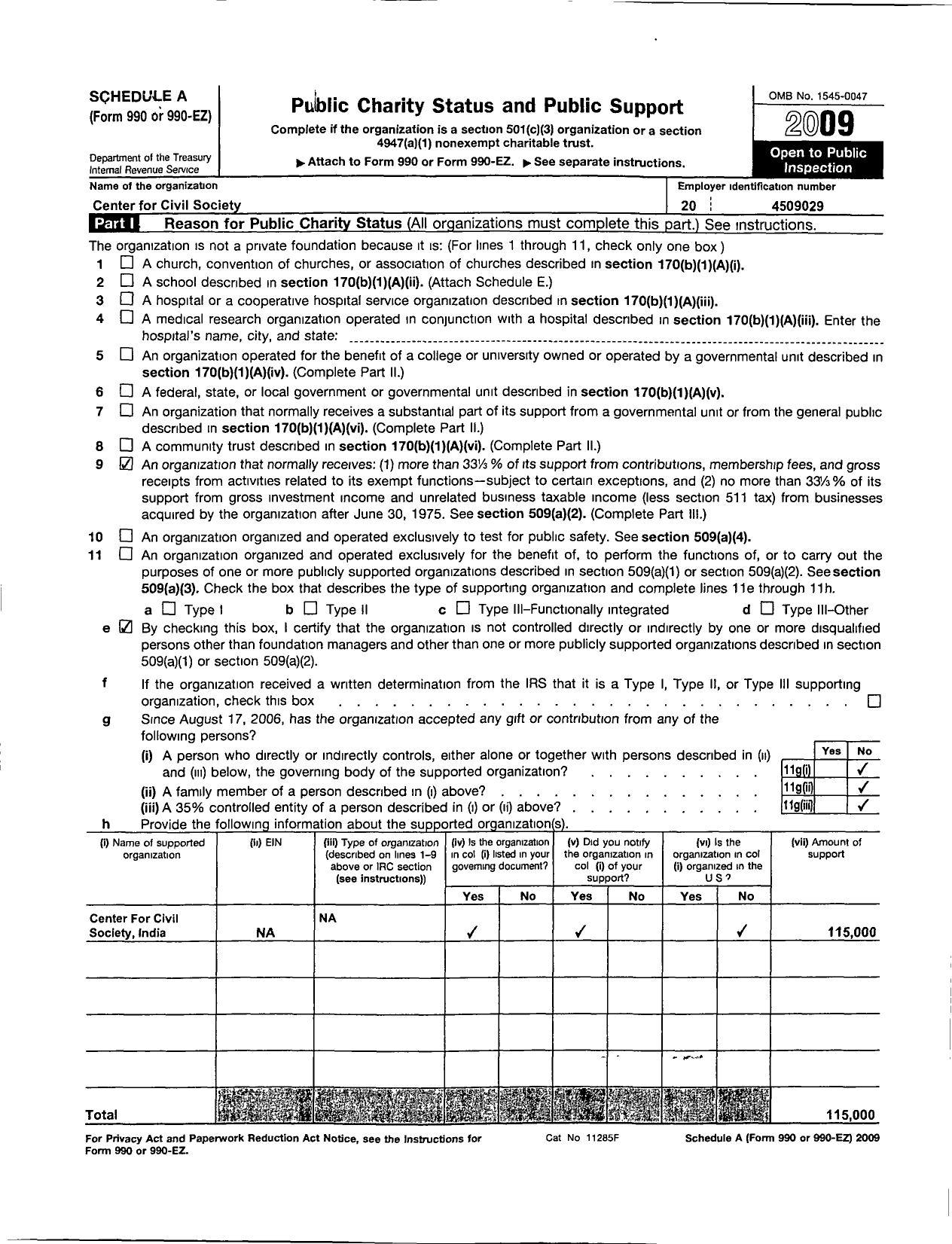 Image of first page of 2009 Form 990ER for Center for Civil Society