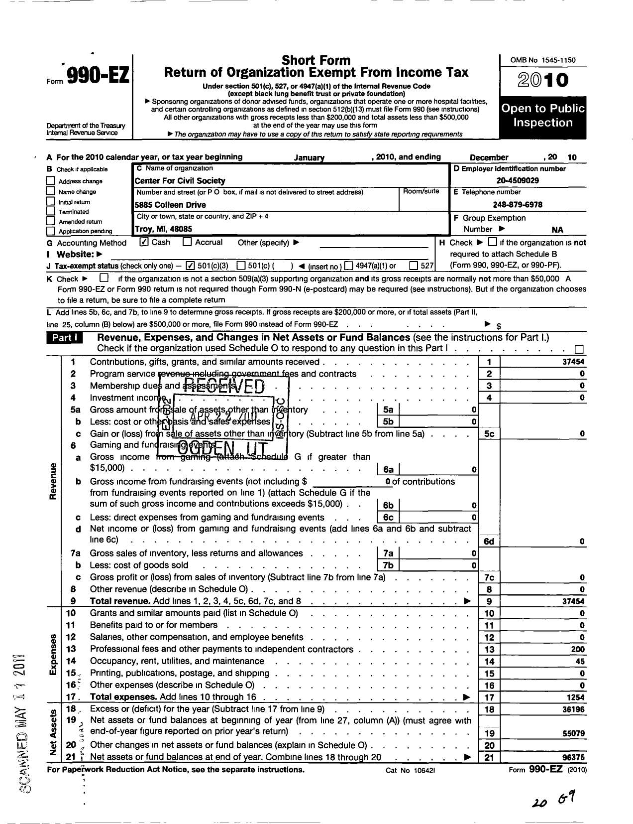 Image of first page of 2010 Form 990EZ for Center for Civil Society