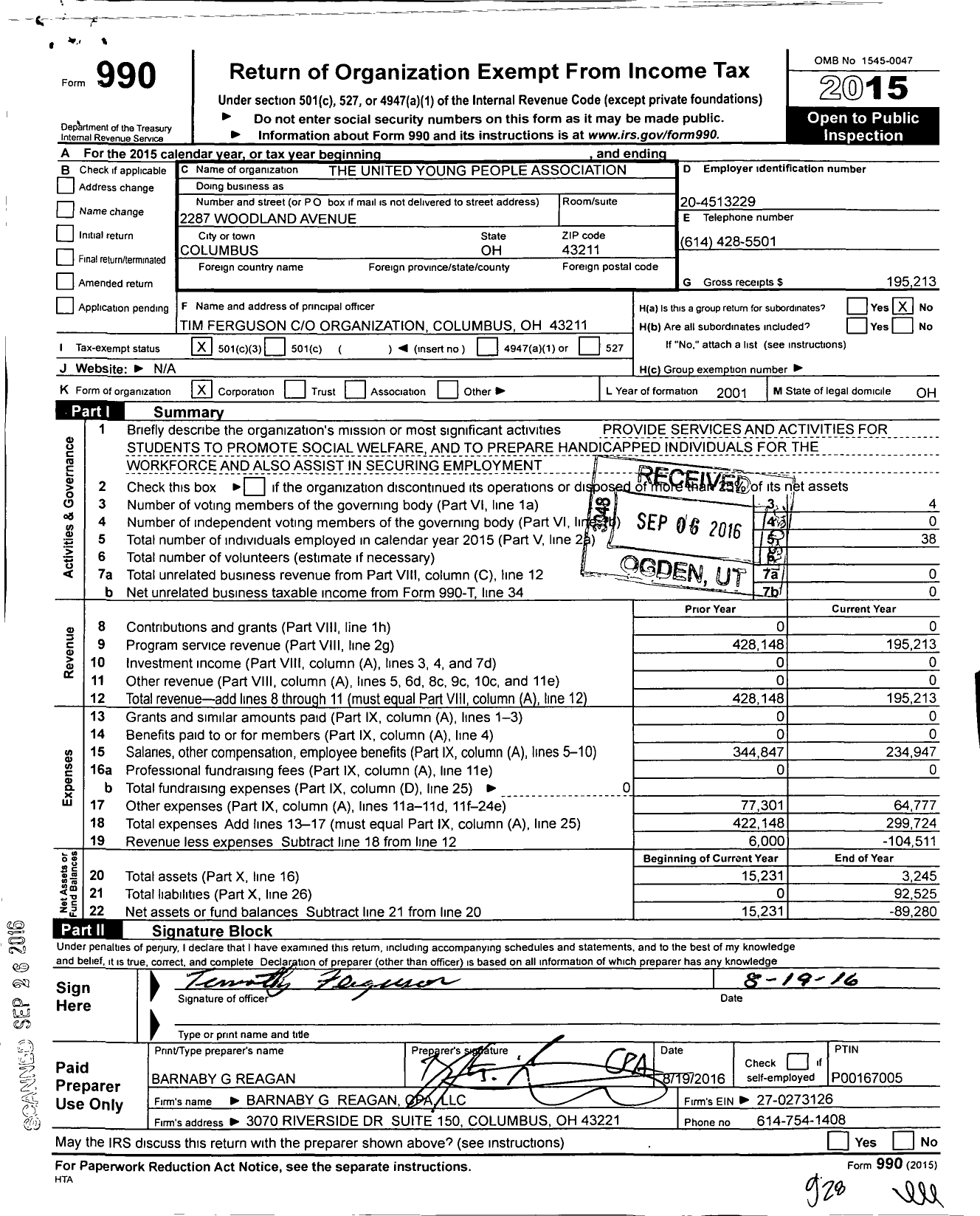 Image of first page of 2015 Form 990 for The United Young People Association