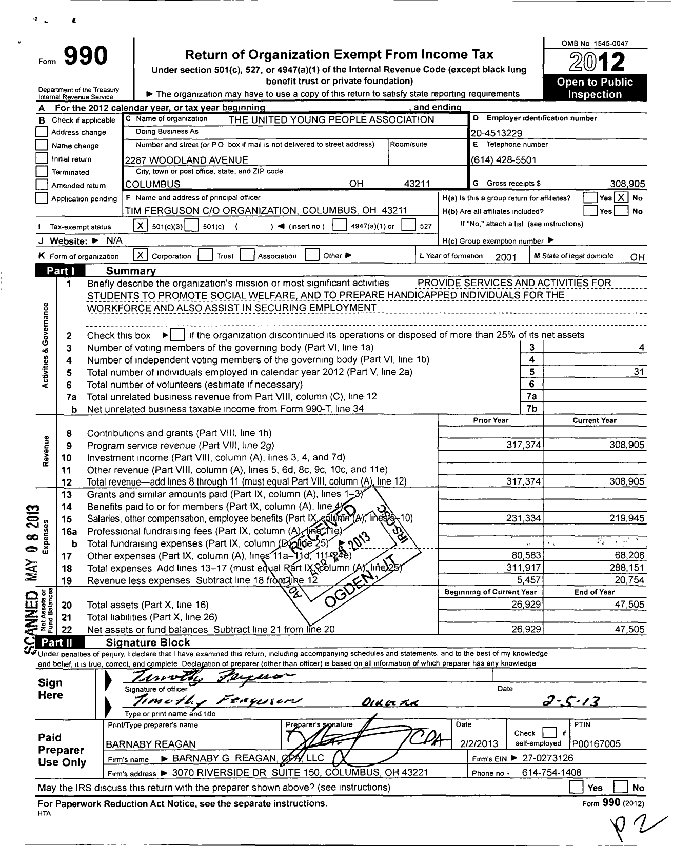 Image of first page of 2012 Form 990 for The United Young People Association