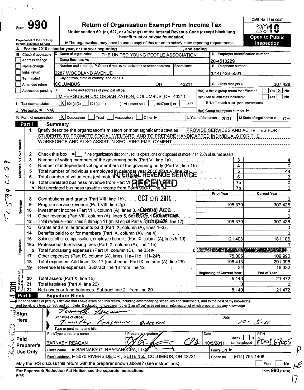 Image of first page of 2010 Form 990 for The United Young People Association