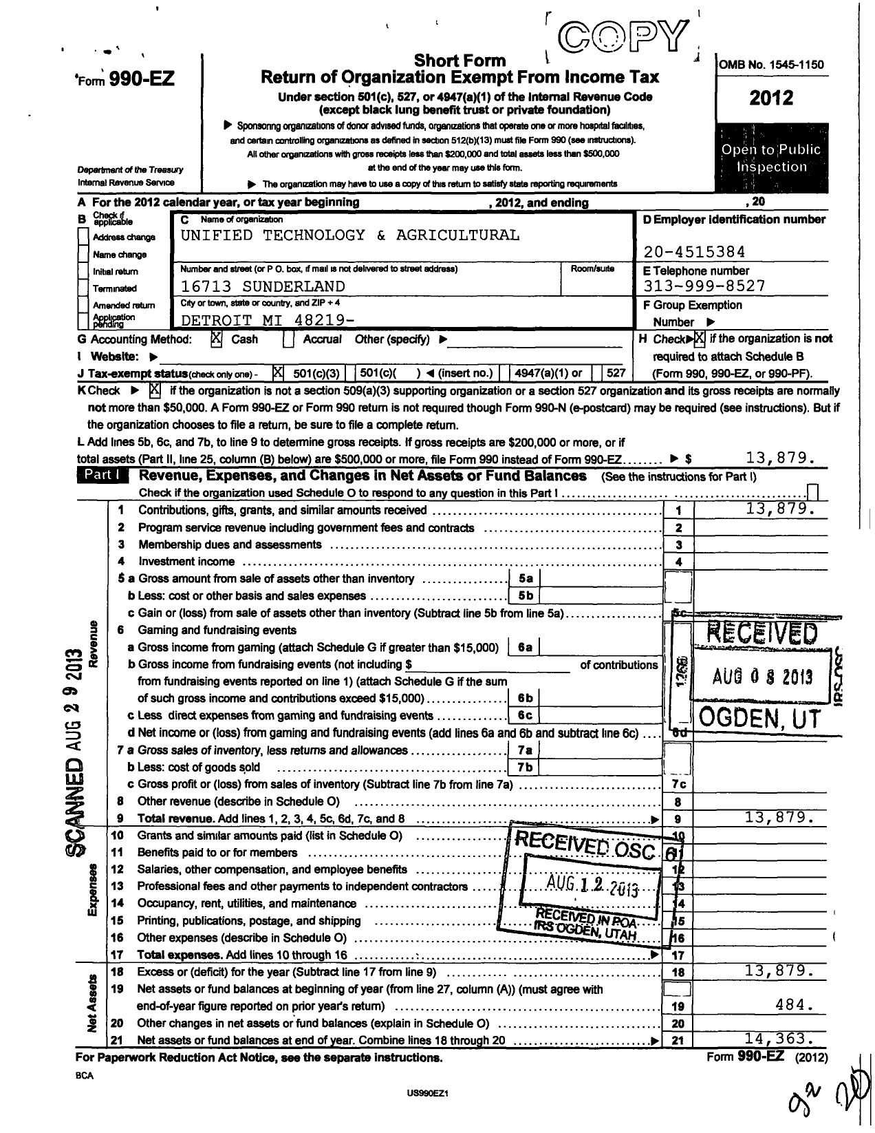 Image of first page of 2012 Form 990EZ for Unified Technology and Agricultural Program (UTAP)