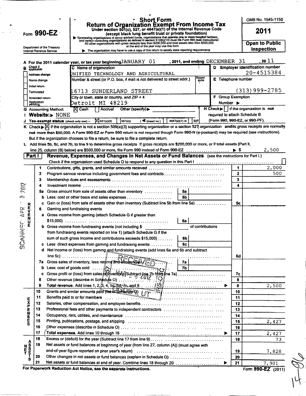 Image of first page of 2011 Form 990EZ for Unified Technology and Agricultural Program (UTAP)