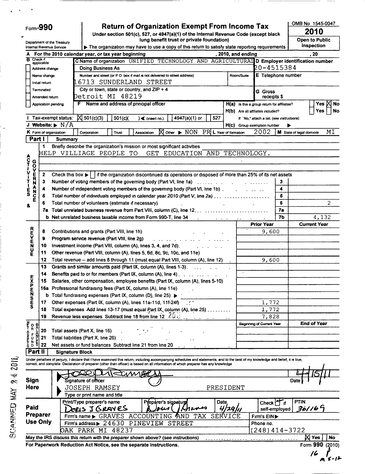 Image of first page of 2010 Form 990 for Unified Technology and Agricultural Program (UTAP)