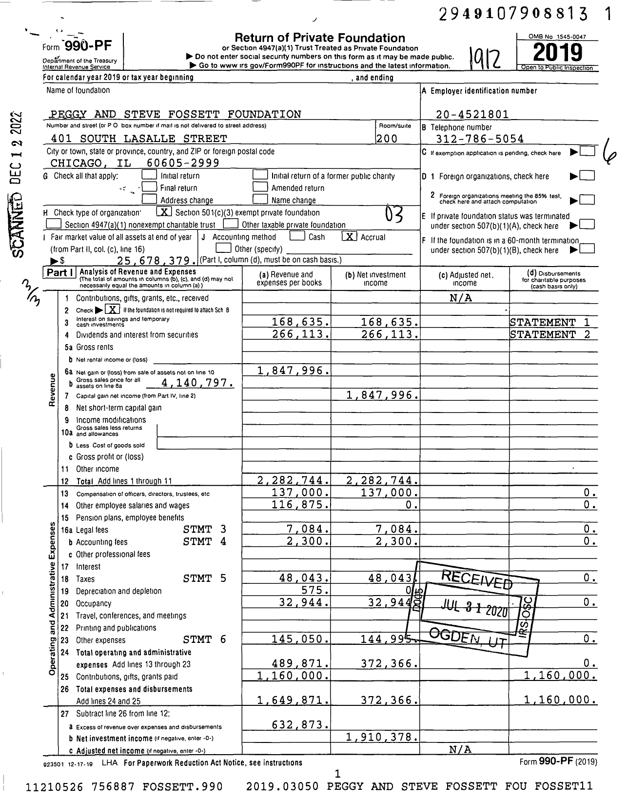 Image of first page of 2019 Form 990PF for Peggy and Steve Fossett Foundation