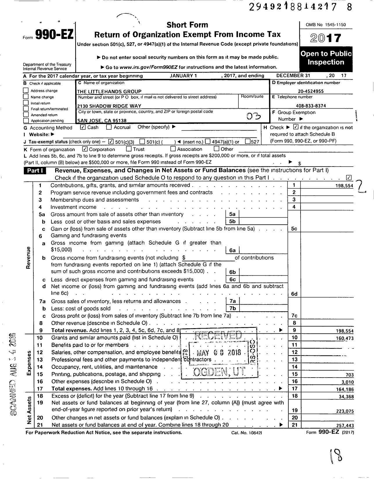 Image of first page of 2017 Form 990EZ for The Littlehands Group