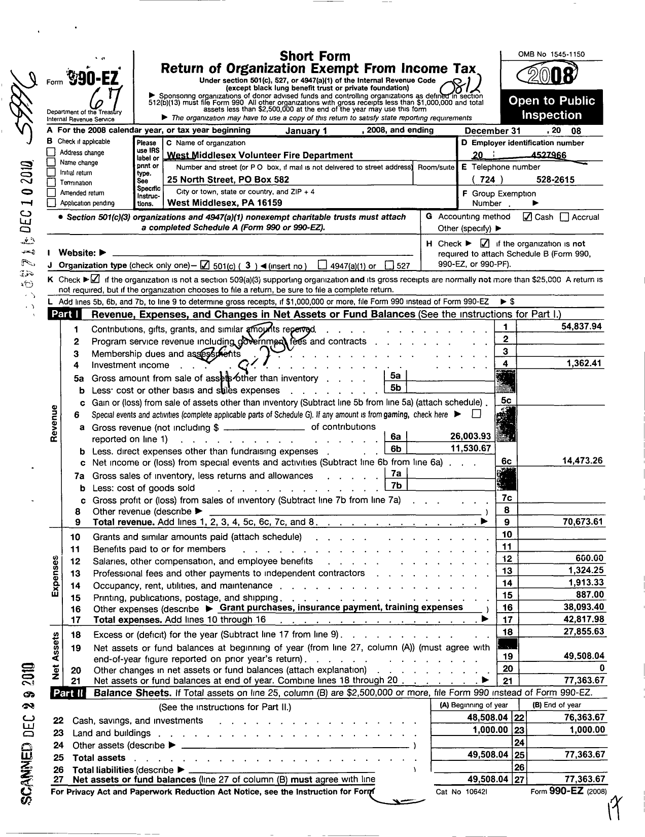 Image of first page of 2008 Form 990EZ for West Middlesex Volunteer Fire Department