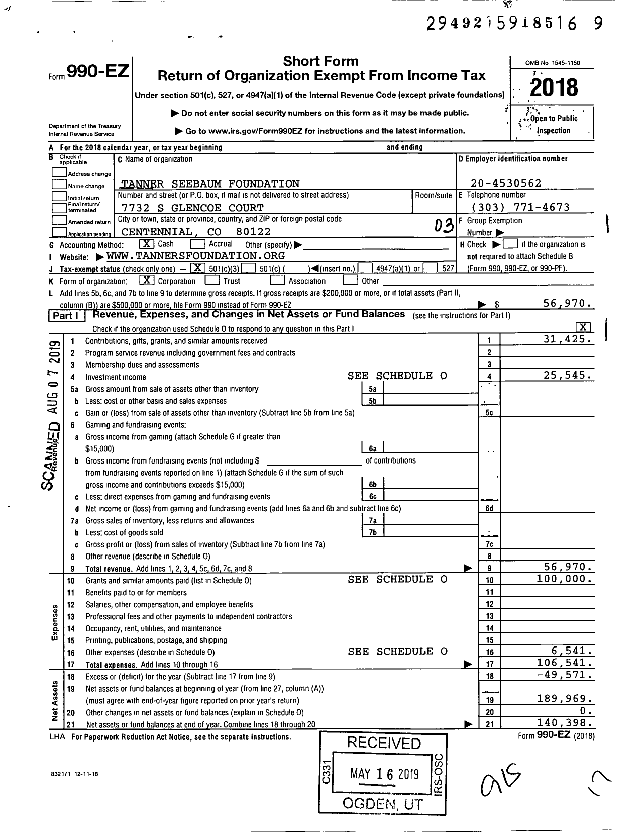 Image of first page of 2018 Form 990EZ for Tanner Seebaum Foundation