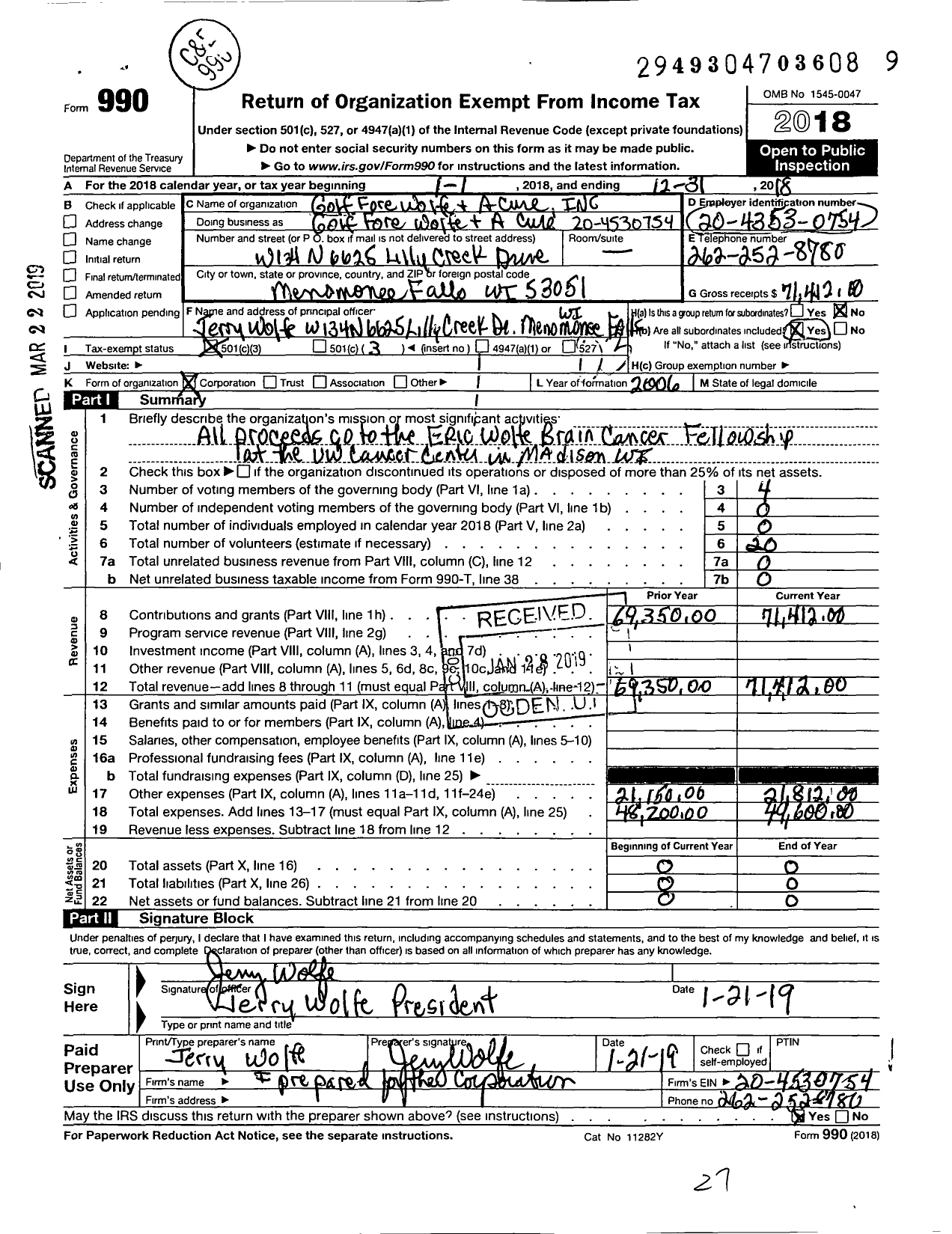 Image of first page of 2018 Form 990 for Golf Fore Wolfe and A Cure