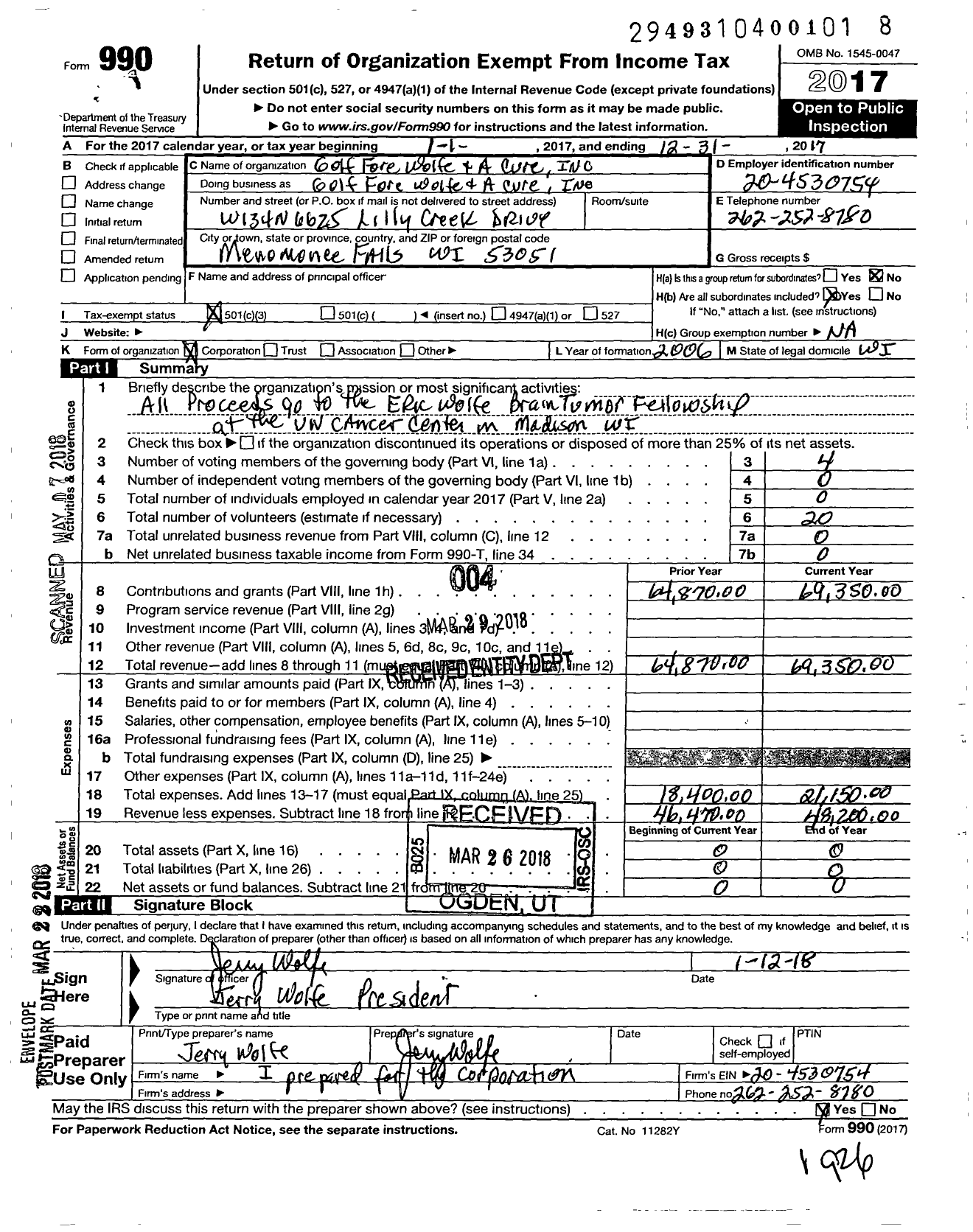 Image of first page of 2017 Form 990 for Golf Fore Wolfe and A Cure