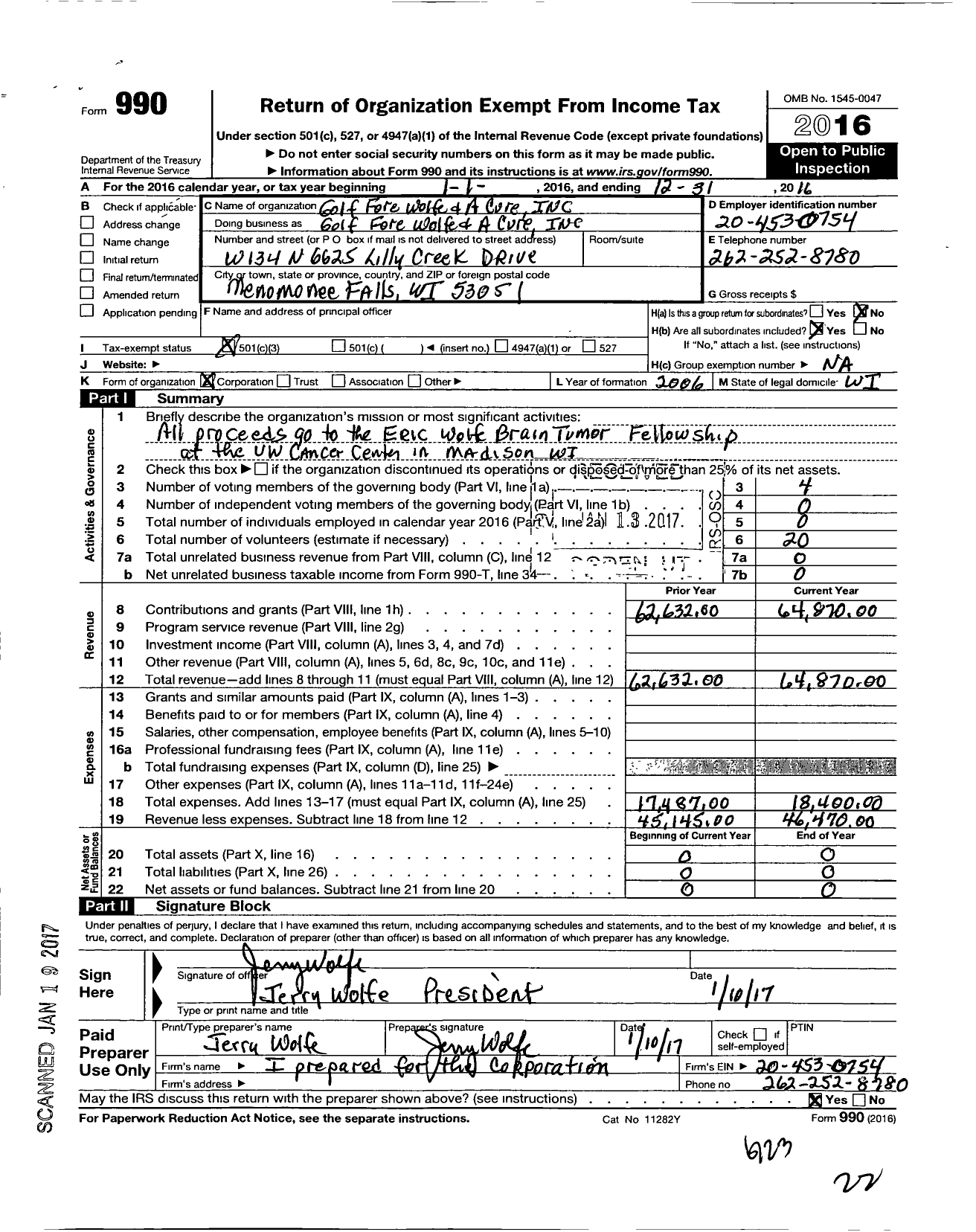 Image of first page of 2016 Form 990 for Golf Fore Wolfe and A Cure