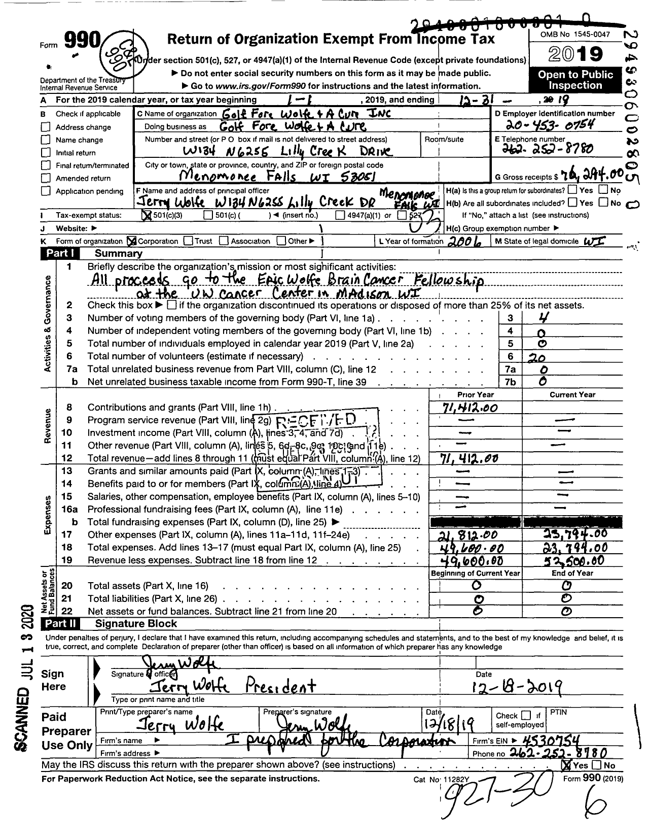 Image of first page of 2019 Form 990 for Golf Fore Wolfe and A Cure