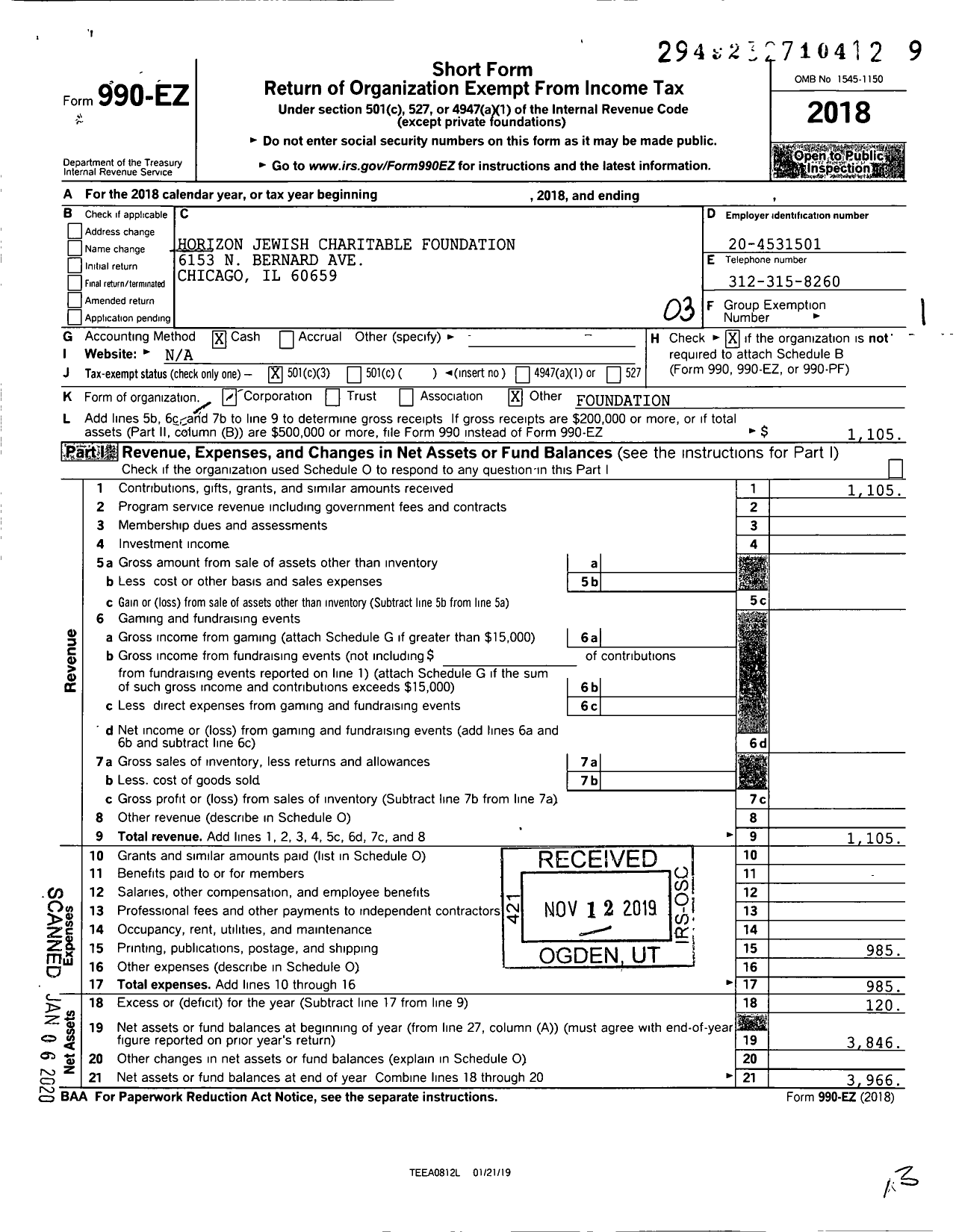 Image of first page of 2018 Form 990EZ for Horizon Jewish Charitable Foundation