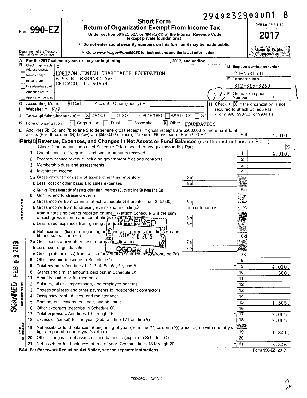 Image of first page of 2017 Form 990EZ for Horizon Jewish Charitable Foundation