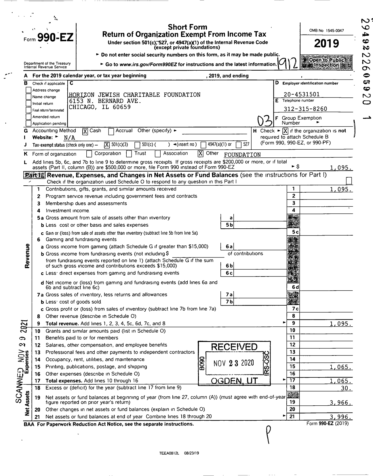 Image of first page of 2019 Form 990EZ for Horizon Jewish Charitable Foundation