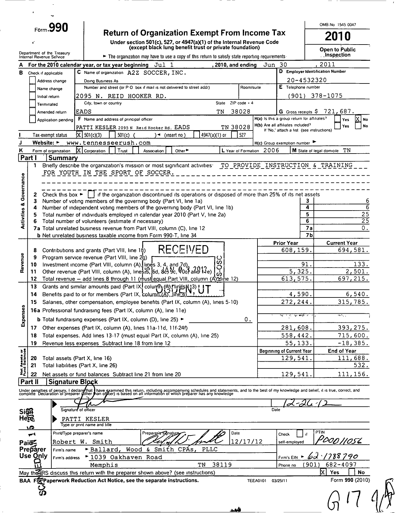Image of first page of 2010 Form 990 for A2z Soccer