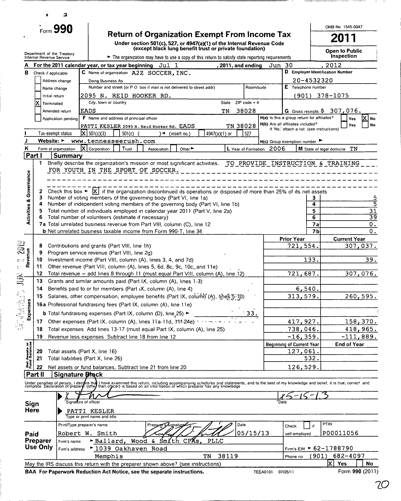 Image of first page of 2011 Form 990 for A2z Soccer