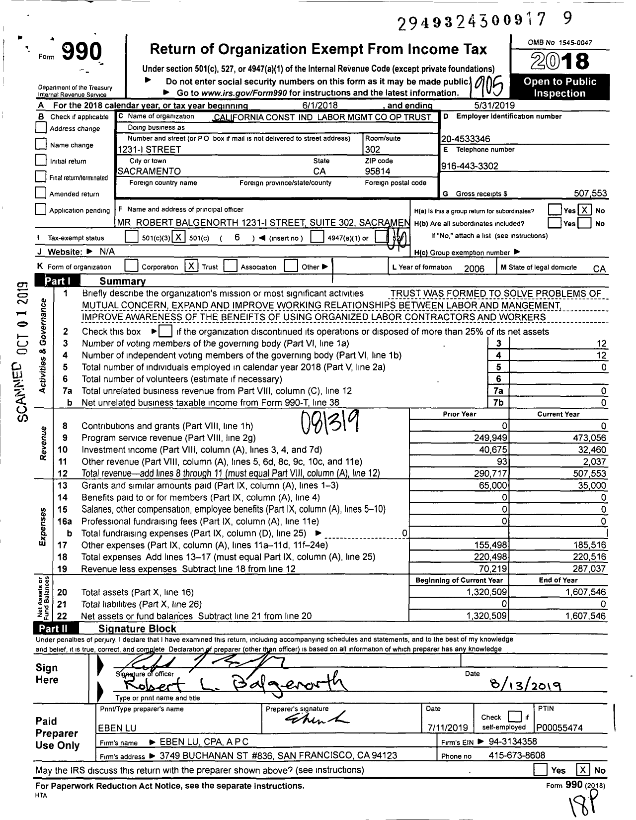 Image of first page of 2018 Form 990O for California Constr Ind Labor MGMT Coop Op Trust