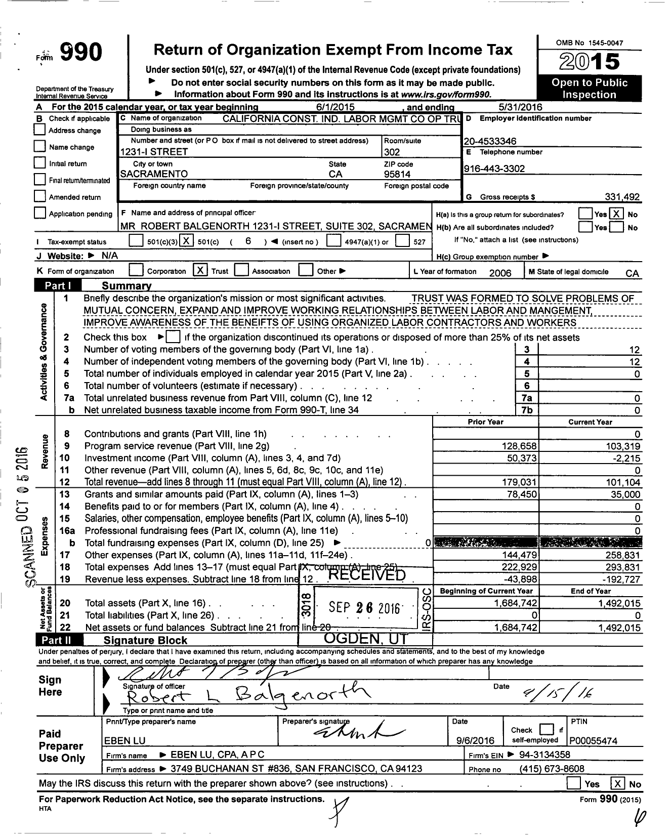 Image of first page of 2015 Form 990O for California Constr Ind Labor MGMT Coop Op Trust