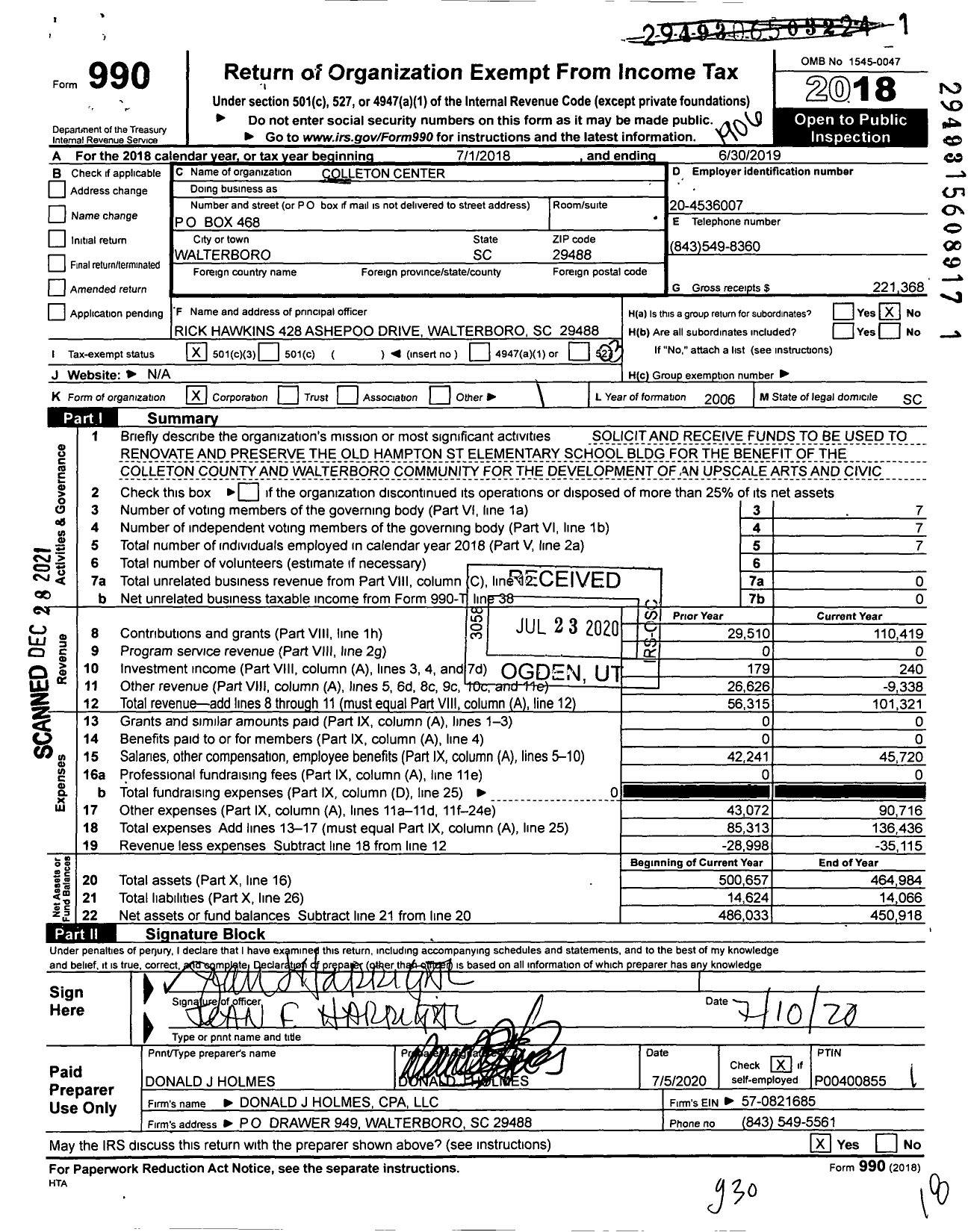 Image of first page of 2018 Form 990 for Colleton Center