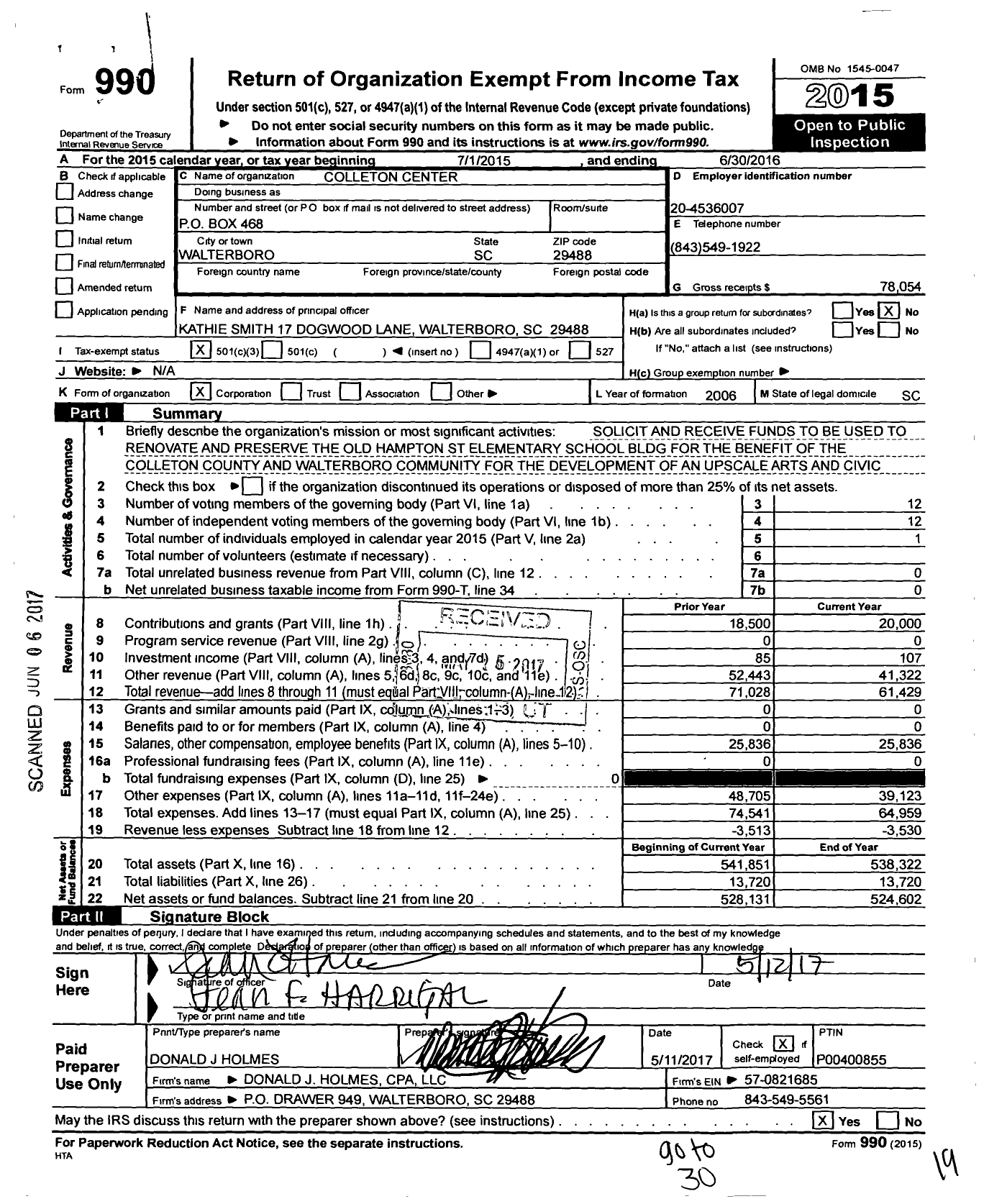 Image of first page of 2015 Form 990 for Colleton Center