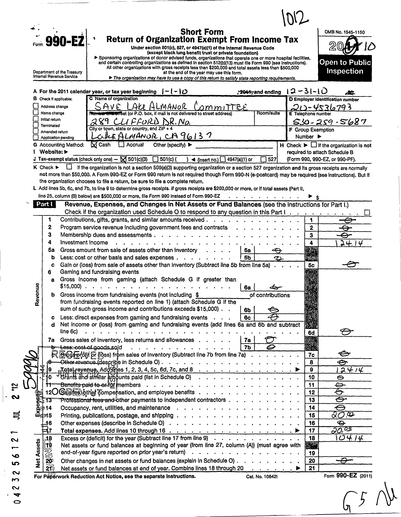 Image of first page of 2010 Form 990EZ for Save Lake Almanor Committee