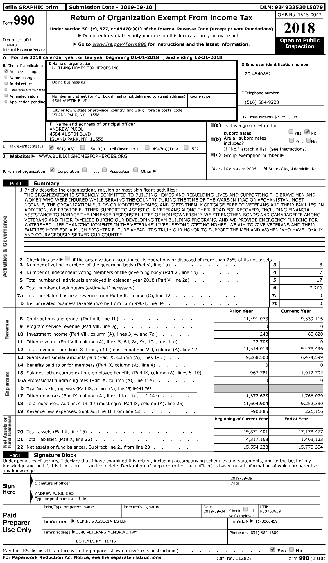 Image of first page of 2018 Form 990 for Building Homes for Heroes