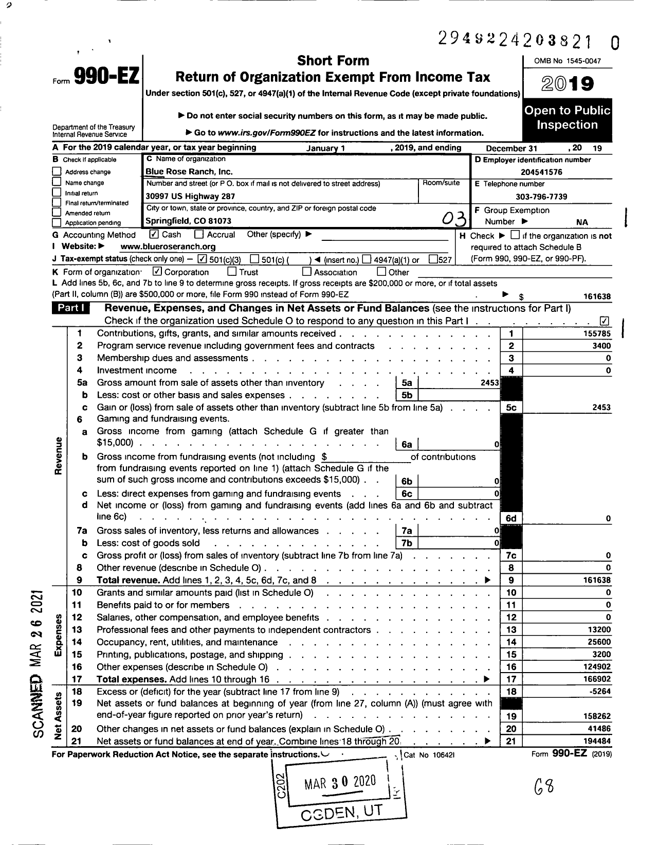 Image of first page of 2019 Form 990EZ for Blue Rose Ranch Horse Rescue and Adoption