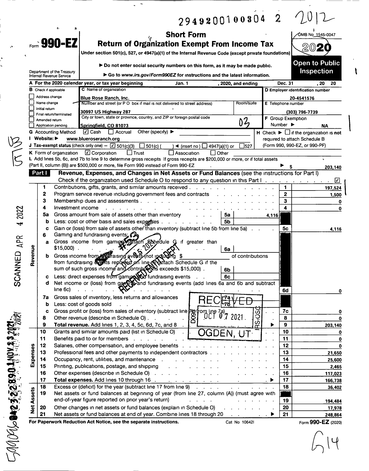 Image of first page of 2020 Form 990EZ for Blue Rose Ranch Horse Rescue and Adoption