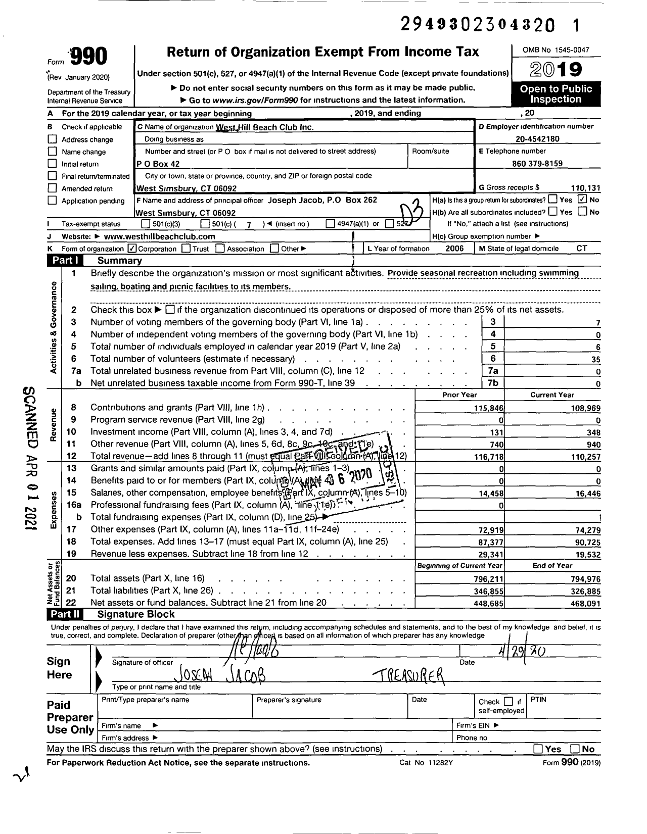 Image of first page of 2019 Form 990 for West Hill Beach Club