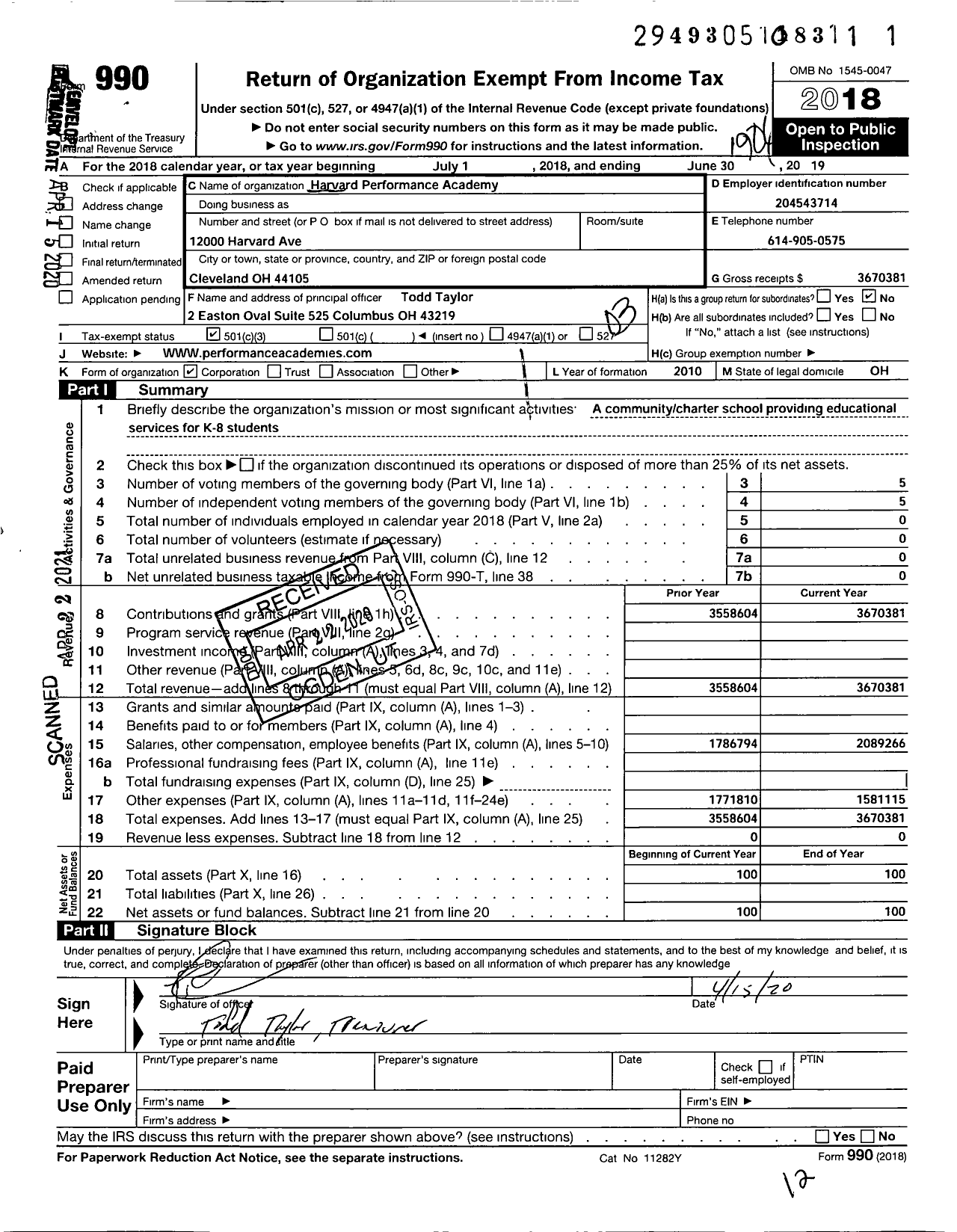 Image of first page of 2018 Form 990 for Harvard Avenue Performance Academy