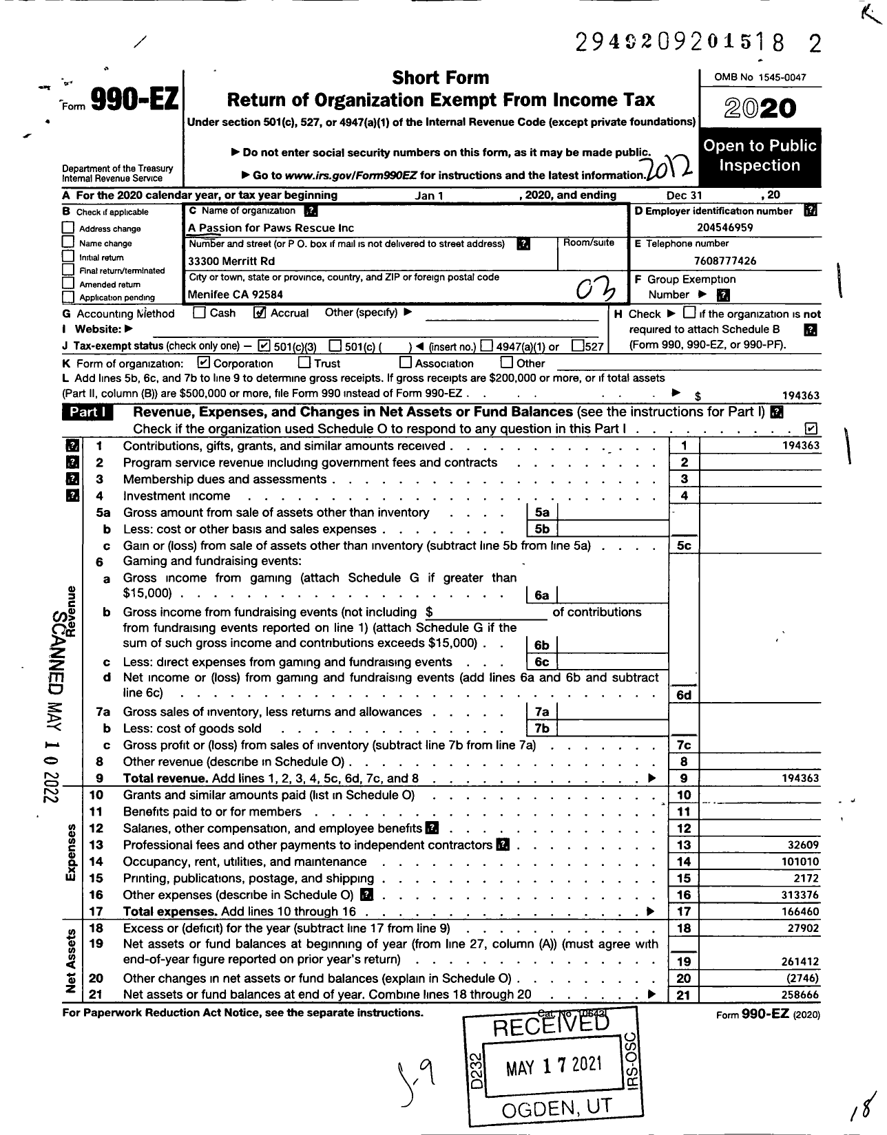 Image of first page of 2020 Form 990EZ for A Passion for Paws Rescue