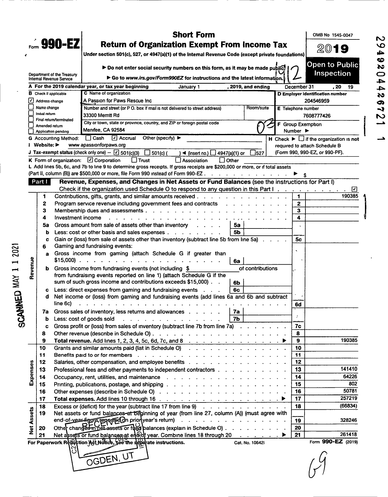 Image of first page of 2019 Form 990EZ for A Passion for Paws Rescue