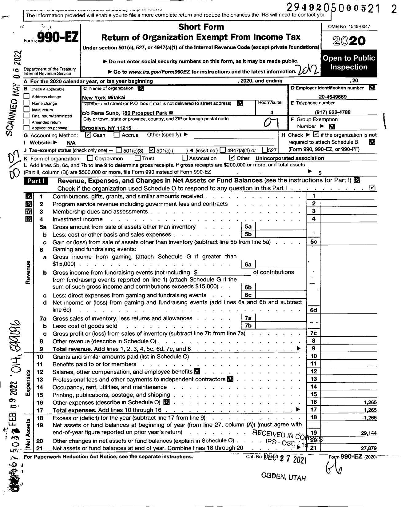 Image of first page of 2020 Form 990EO for New York Keio University Alumni Association