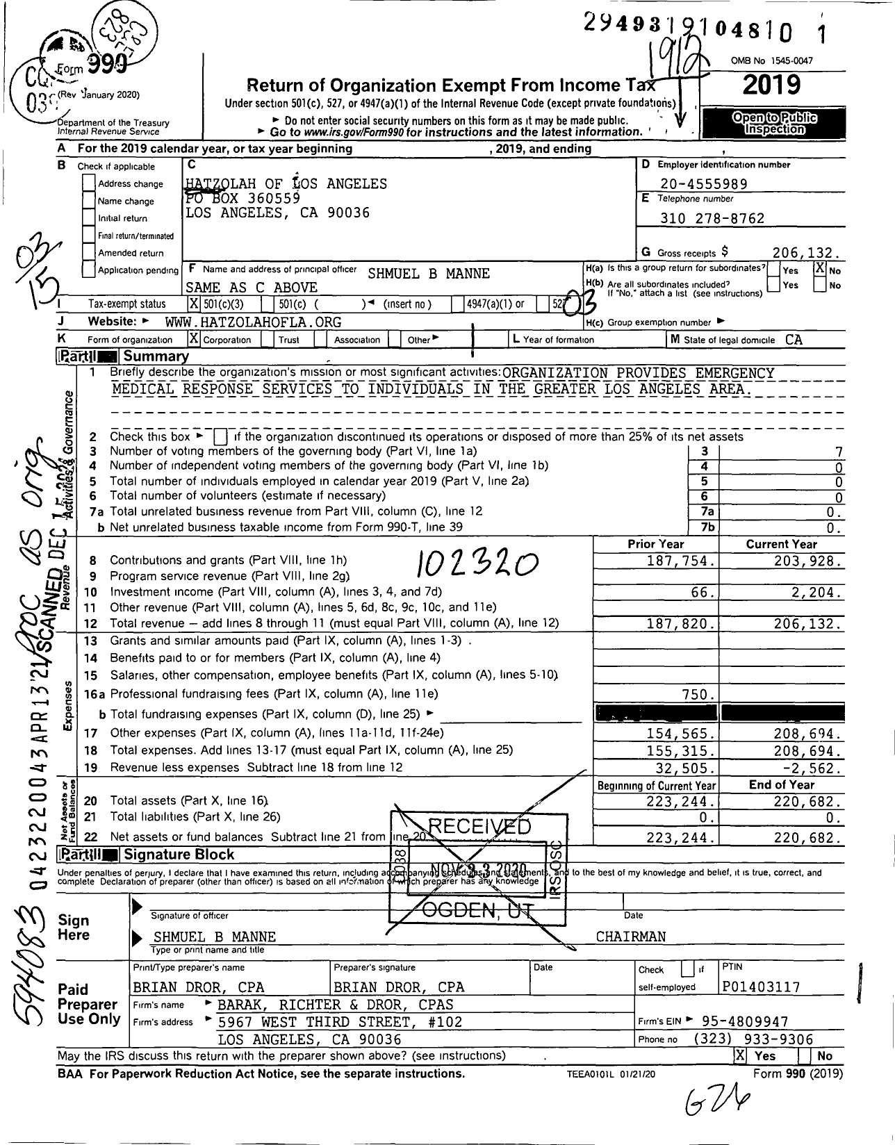 Image of first page of 2019 Form 990 for Hatzolah of Los Angeles